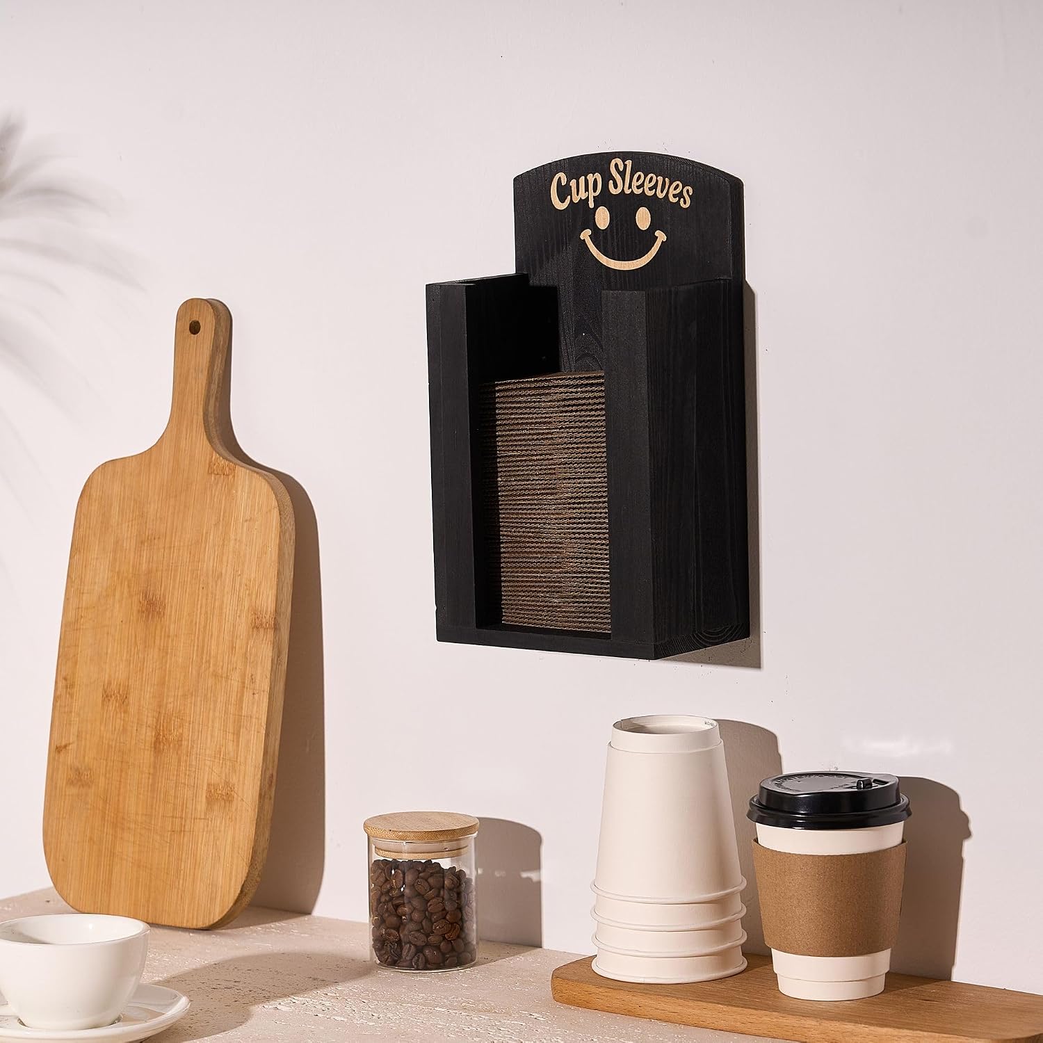 GoFika Coffee Cup Sleeve Holder – Black Hot Cup Dispenser for Wall or Counter – Coffee Station Organizer Wood for Home, Kitchen, Café, Restaurant