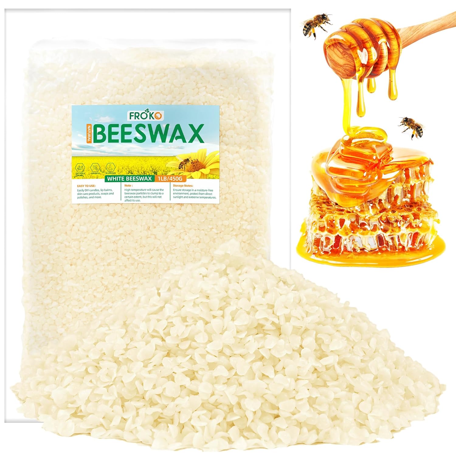 FROKO White Natural Beeswax Pellets 1LB Organic Beeswax Beeswax for Candle Making Body Skin Care DIY Lip Balm