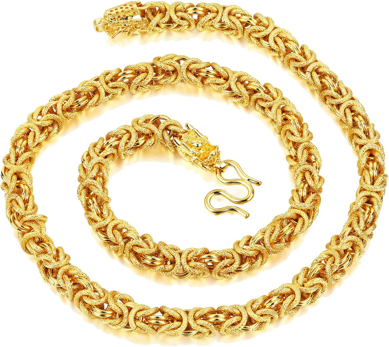 18k Gold Plated Chunky Byzantine Chain Necklace For Men Dragon Design Handmade Jewelry, 23.6 inch
