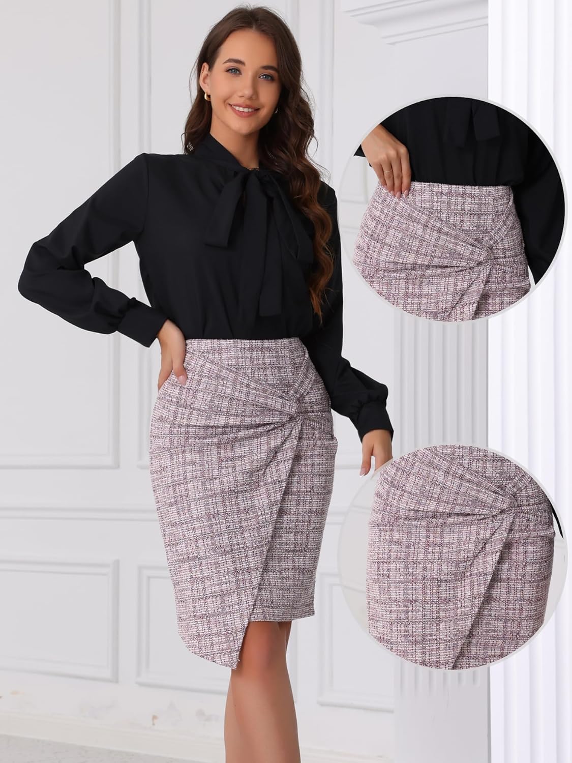 Allegra K Tweed Skirt for Women Elastic High Waist Wrap Front Office Bodycon Pencil Skirts - Image 2