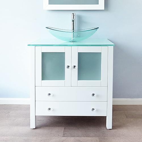 Miniatura 2 de QIERAO Juego de lavabo de tocador de baño moderno de madera independiente de 30 pulgadas, espejo de baño incluido (fregadero de vidrio transparente)