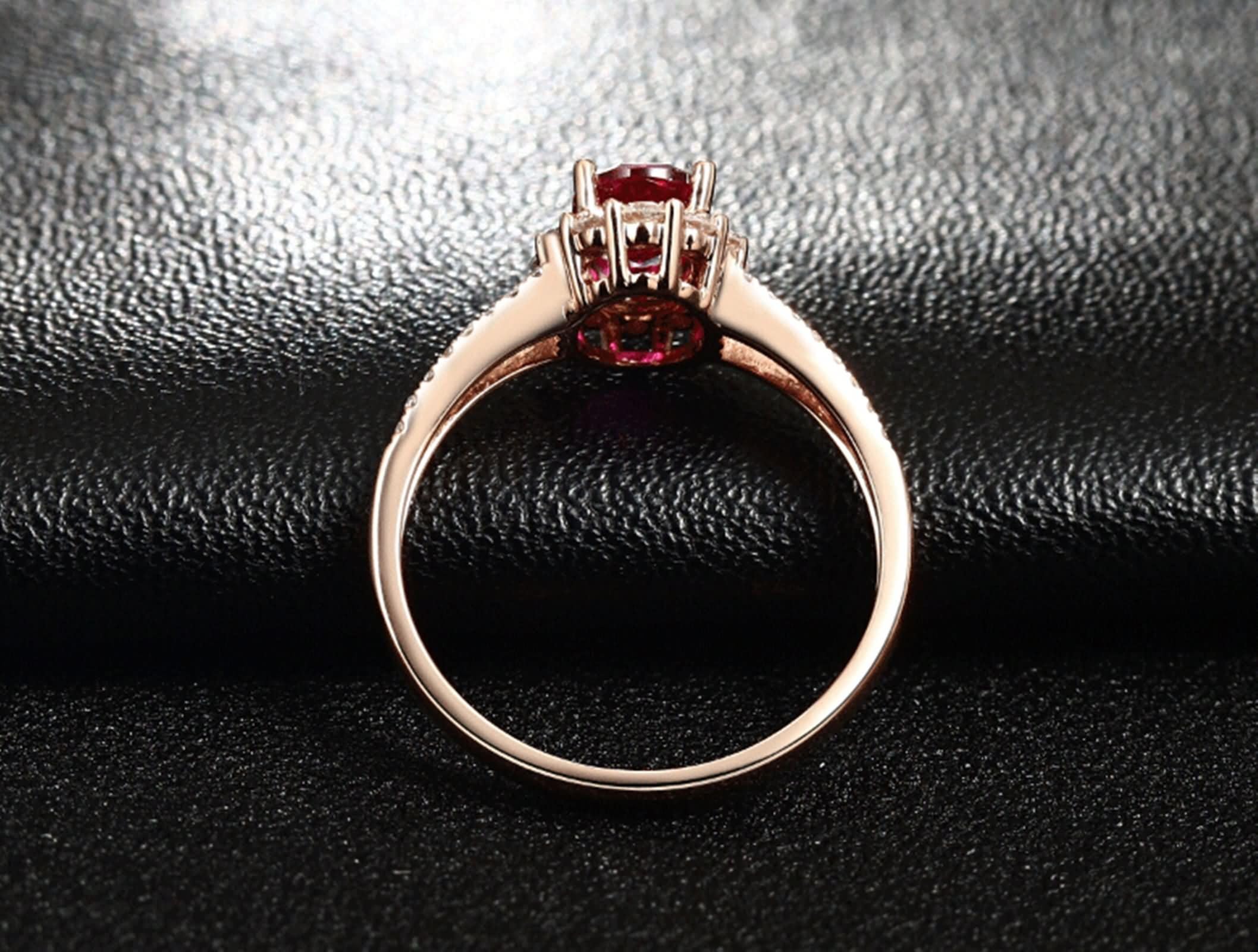 Beydodo Anillos de Matrimonio Oro Rosa de 9 14 18 K para Mujer con Flor y Oval con Rubí Creado y Moissanita, Anillo de Matrimonio Oro Rosa para Mujer