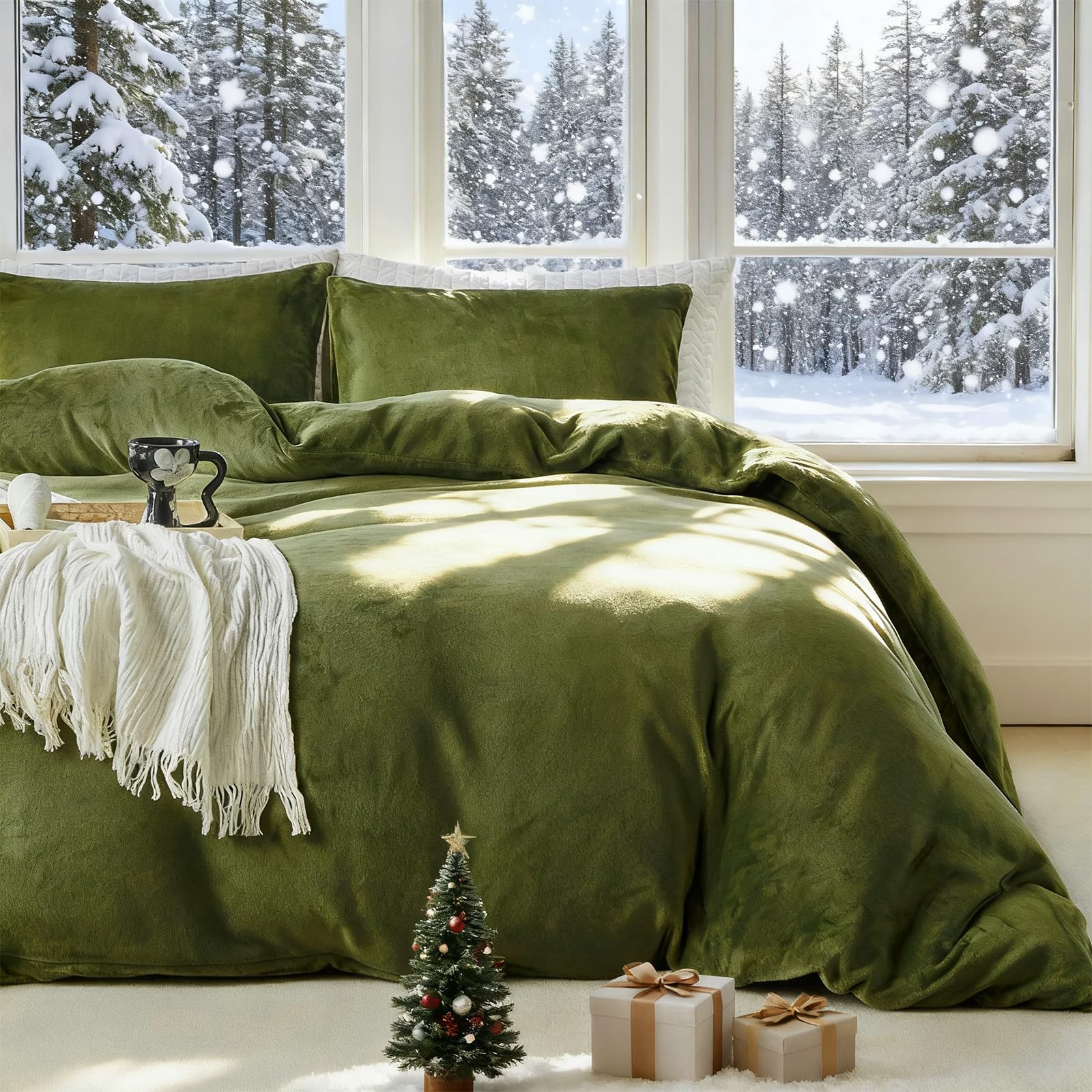 WARMDERN Olive Green Milk Velvet Duvet Cover Set Oversized King Size