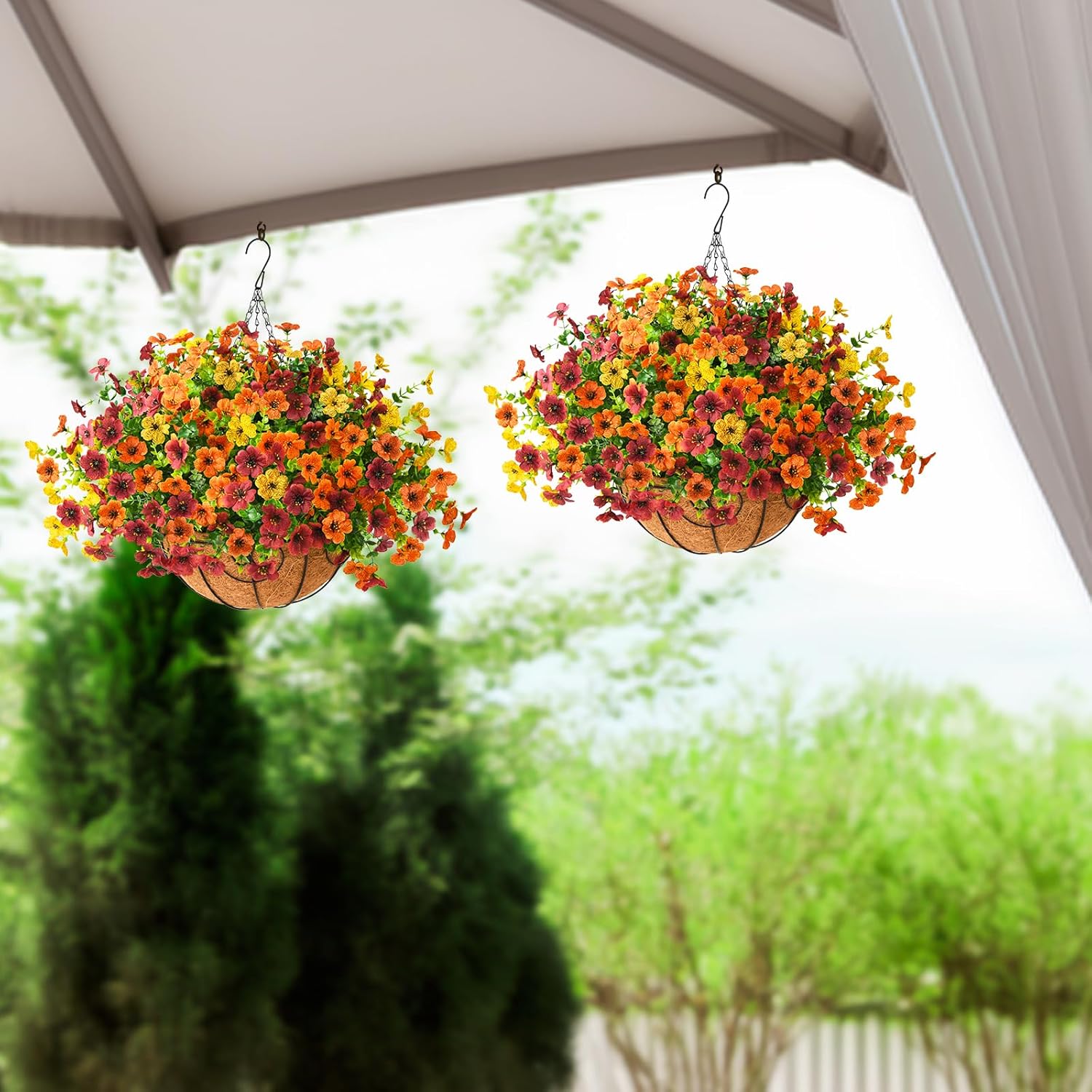 ZFProcess Artificial Fake Hanging Plants Flowers Basket, Faux Silk Daisy in Planter Realistic UV Resistant for Outside Home Patio Balcony Yard Mums Autumn Outdoor Decoration (Orange Brown Yellow)