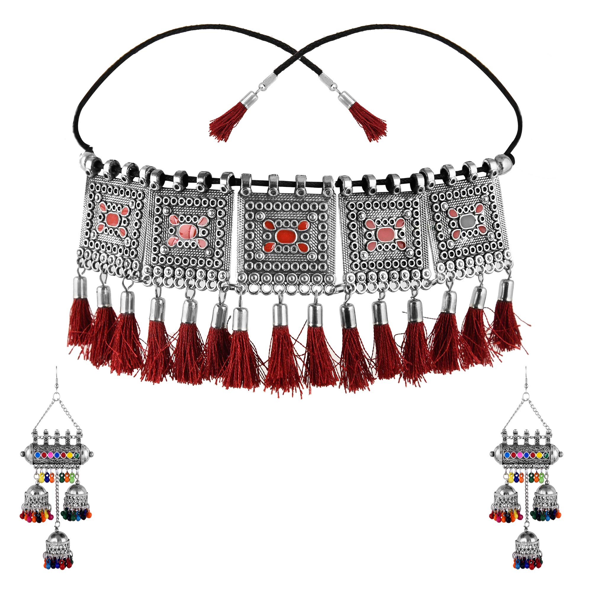 KAPS ENTERPRISES Oxidised Golden Sliver Traditional Chocker Necklace Set with Earring for Women & Girls