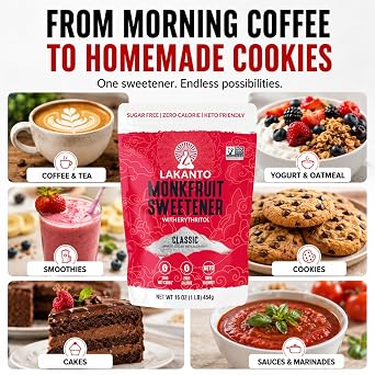 Lakanto Monk Fruit Sweetener With Erythritol, White Sugar Substitute From Monk Fruit Extract, Classic White Sugar Replacement for Baking, Coffee & Tea, Gluten Free, Low Carb, Non GMO, Keto, 1 LB Bag