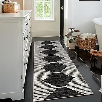 Rugshop Marbella Bohemian Stripes Washable Non Slip Runner Rug 2' x 10' Black