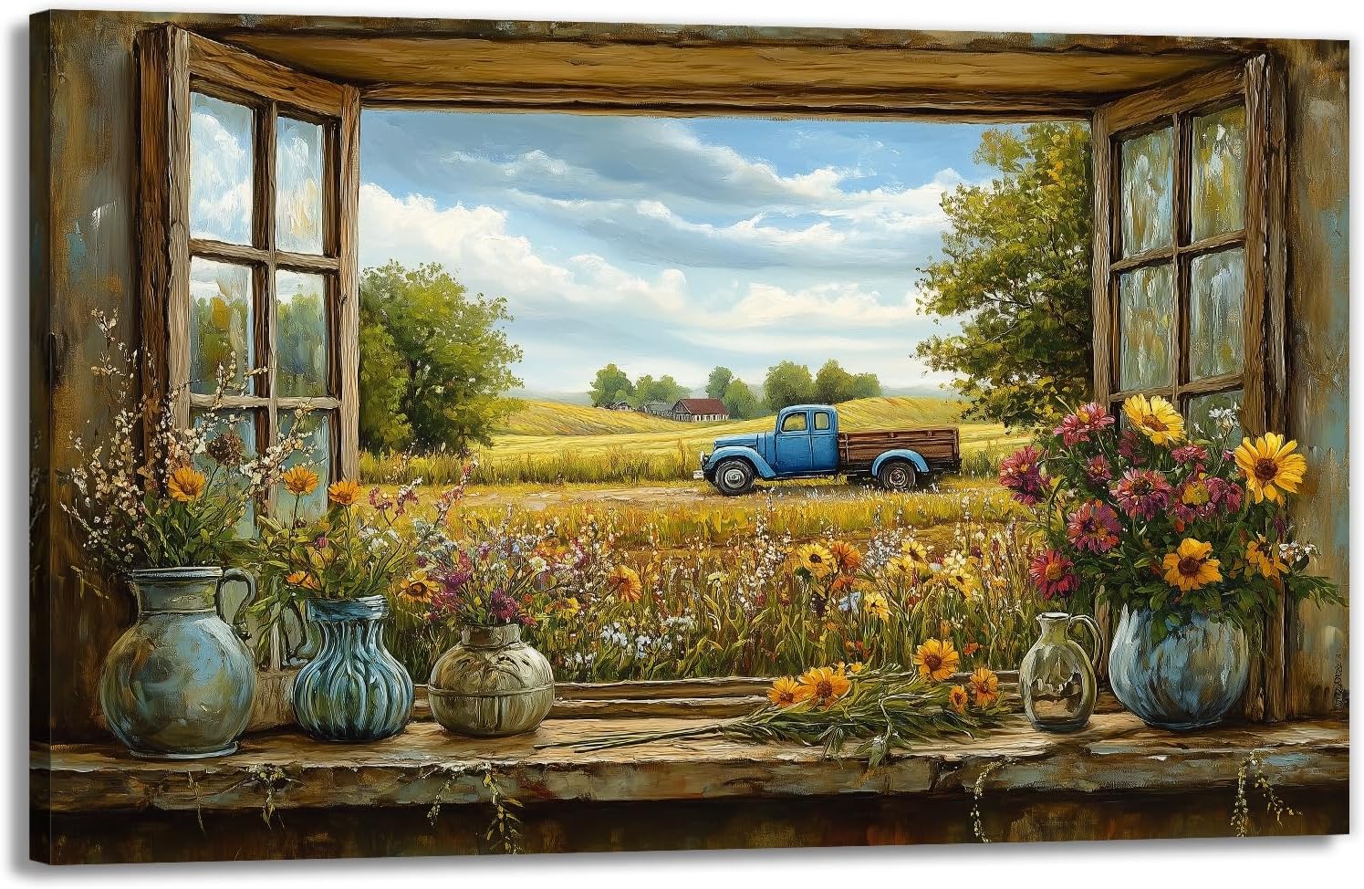 GLOKAKA Farmhouse Barn Canvas Wall Art Countryside Window View Sunflower Floral Field Paintings Vintage Farm Truck Artwork Rustic Farm Decor for Living Room Kitchen-12 x18