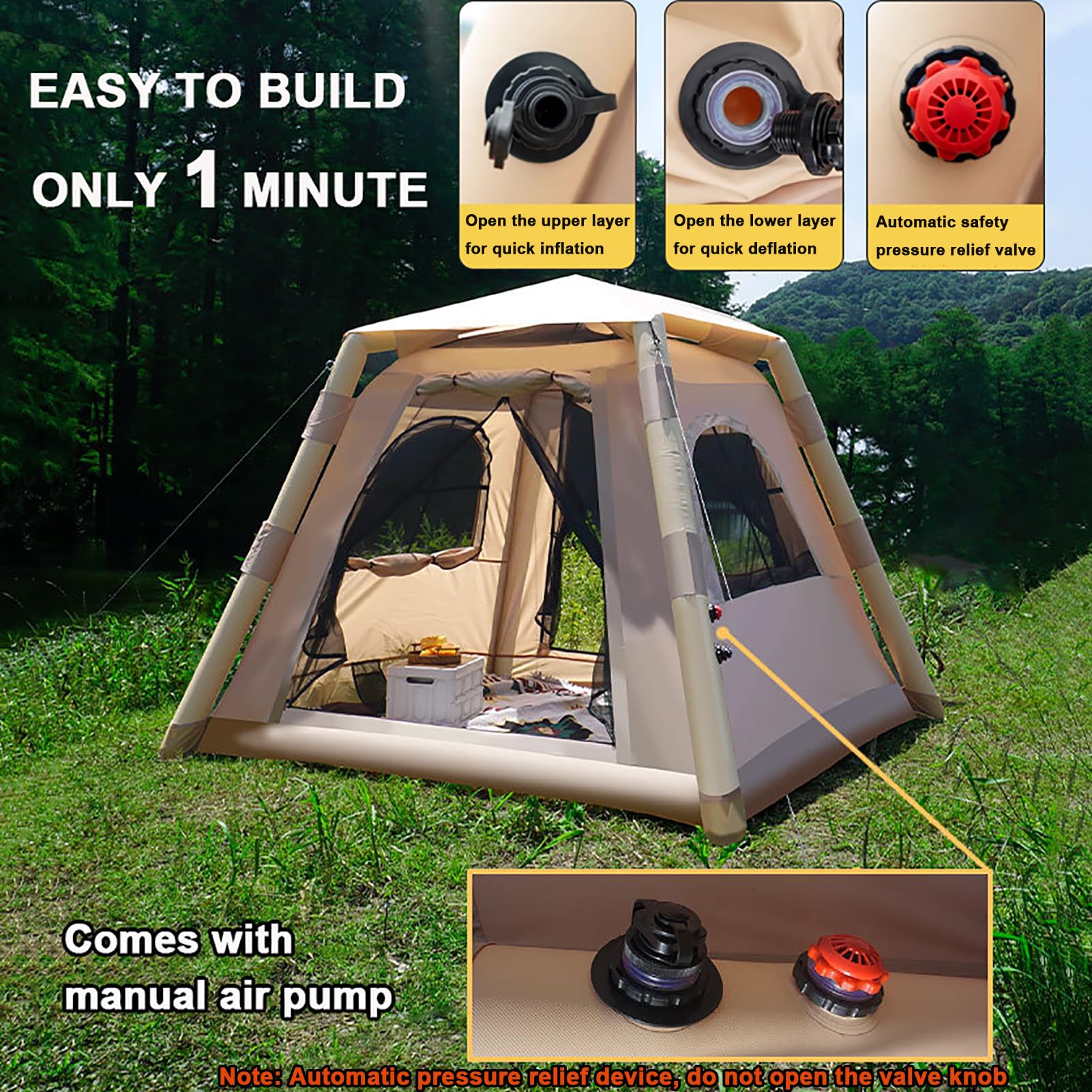 Tenda gonfiabile per campeggio 4 persone, Tenda da campeggio gonfiabile con pompa, Glamping Tenda per famiglia 4 stagioni, impermeabile per esterni, con finestra e porte in rete