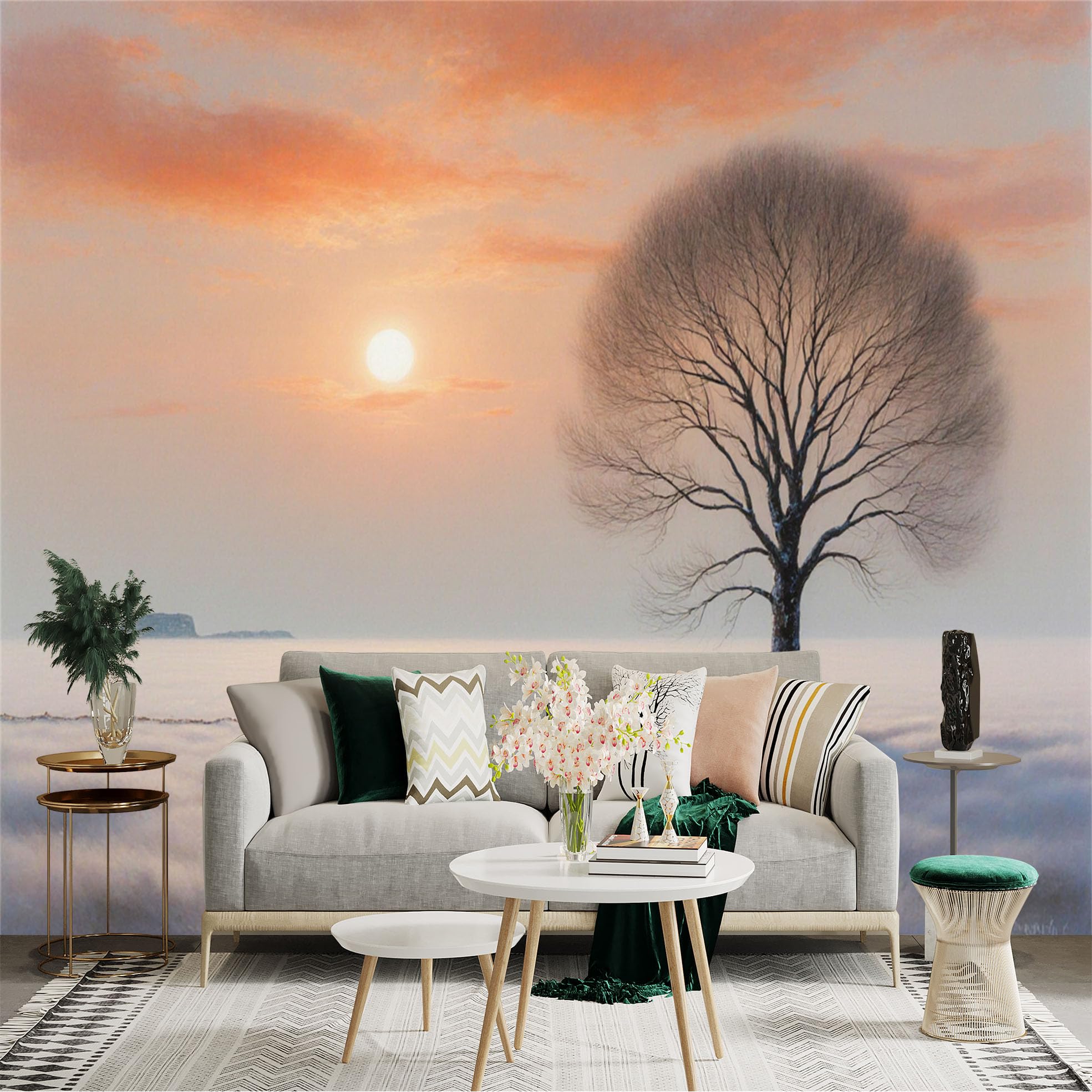 Custom Size Wall Sticker Mural， Solitary Tree in Misty Landscape with Sunrise and Walking Figure， for wall Decoration， peelandstick wall Decals.