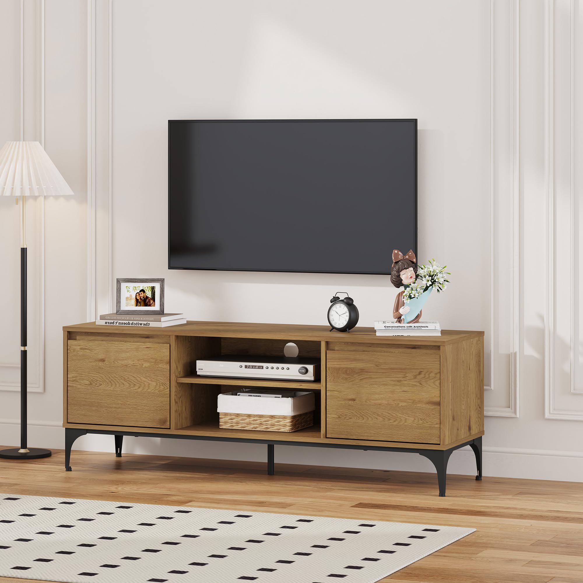 [en.casa] Mobile Porta TV a Vani Chiusi con Ante e Scomparti Aperti Tavolo Basso Stand Multimediale con Fori Passacavi 140 x 40 x 50 cm per Soggiorno Salotto - Effetto Rovere Scuro
