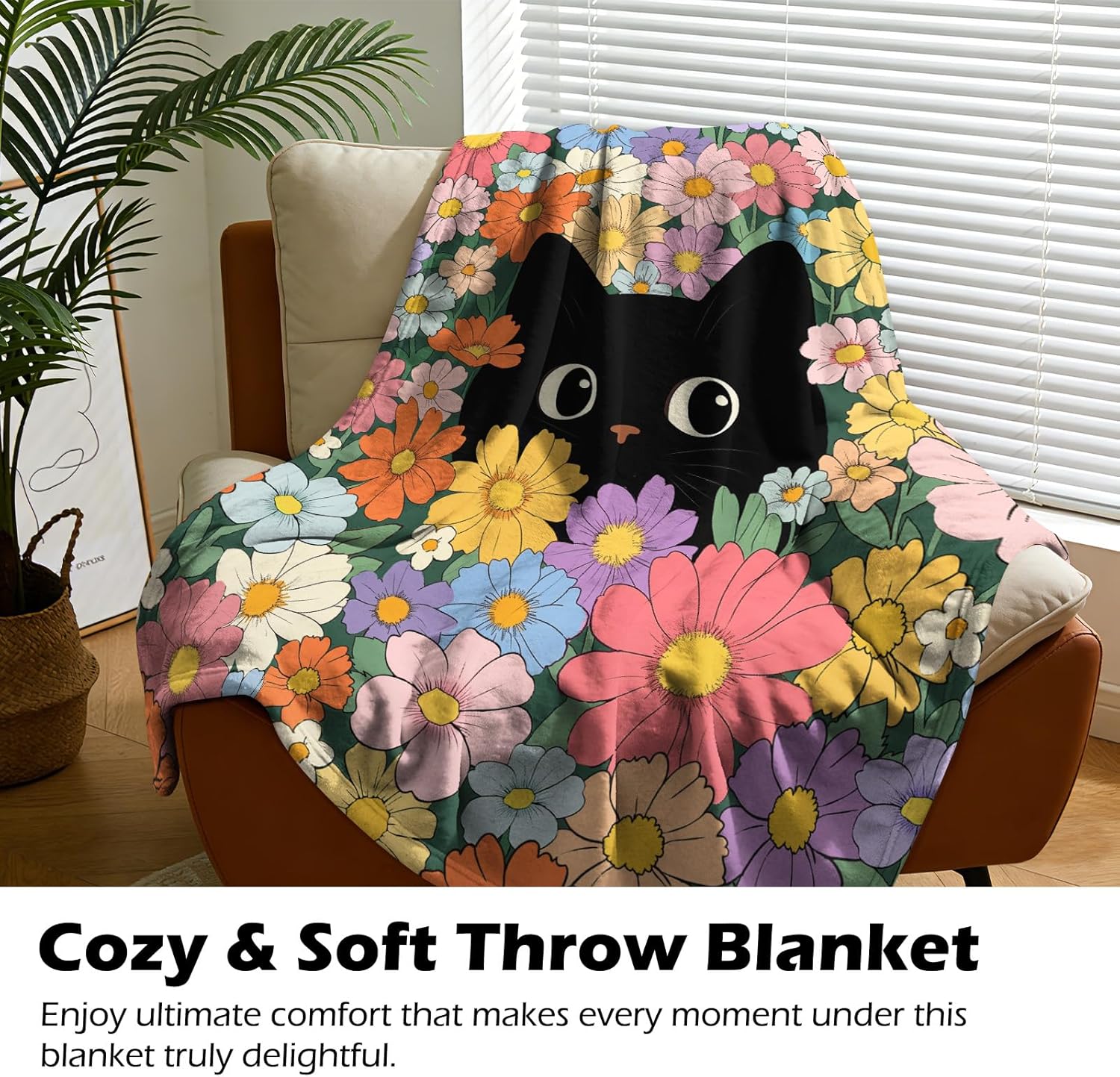 Orange Cat Floral Themed Blanket - 50"x60" Cute Orange Cat Gifts for Cats Lovers Women Mom Teen Girls All Season Super Soft Comfort Flannel Blanket Pet Cats Lovers Christmas Birthday Gifts