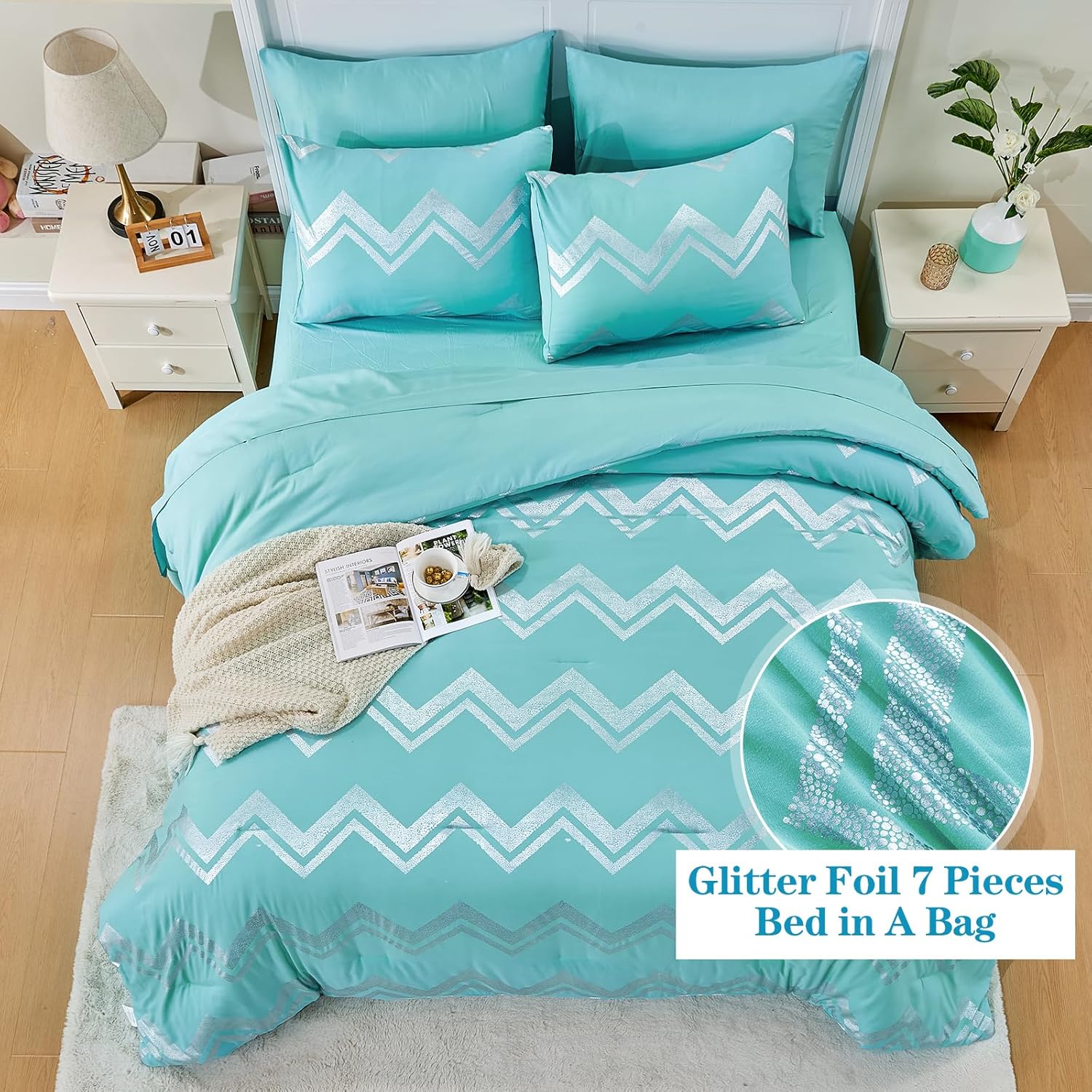 Wowelife Teal Comforter Set Queen 7 Pieces Blue Glitter Metallic Bedding Set Full Teal Kids Comforter Set Breathable with Comforter, Flat Sheet, Fitted Sheet, 2 Pillow Shams and 2 Pillowcases
