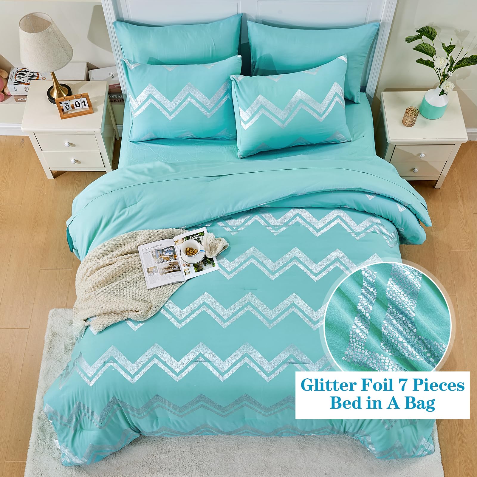 Wowelife 5 Pieces Teal Twin/Twin XL Comforter Set for Girls Kids College Teal Twin Bedding Sets Bed in A Bag Glitter with Comforter, Flat Sheet, Fitted Sheet 1 Pillow Case and 1 Pillow Sham