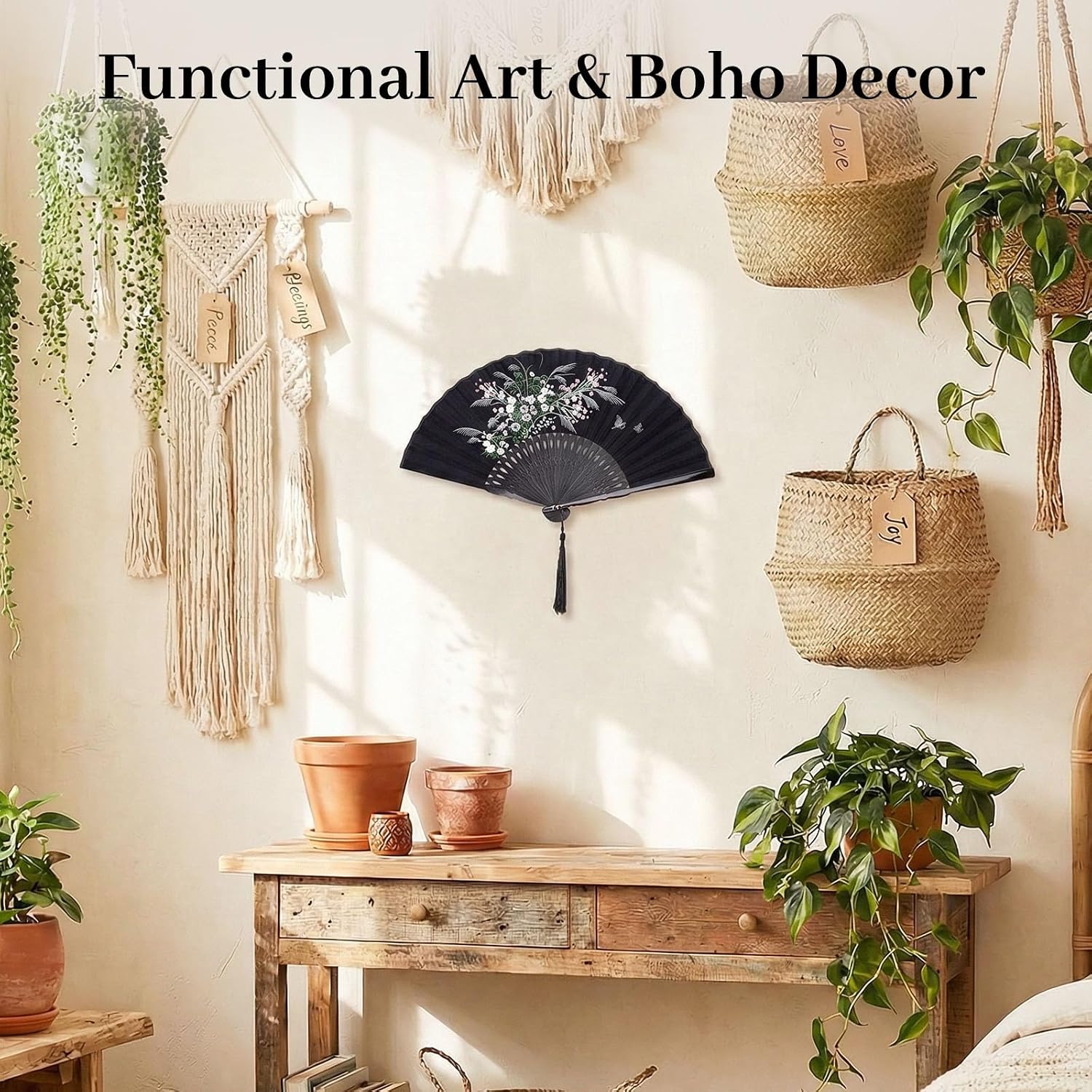  Black Fabric Folding Hand Fan with Tassel and Pouch – Elegant Foldable Handheld Fan for Women, Wedding Fans for Guests, Chinese and Japanese Style Asian Gift for Party, Dance & Home Decoration thumbnail