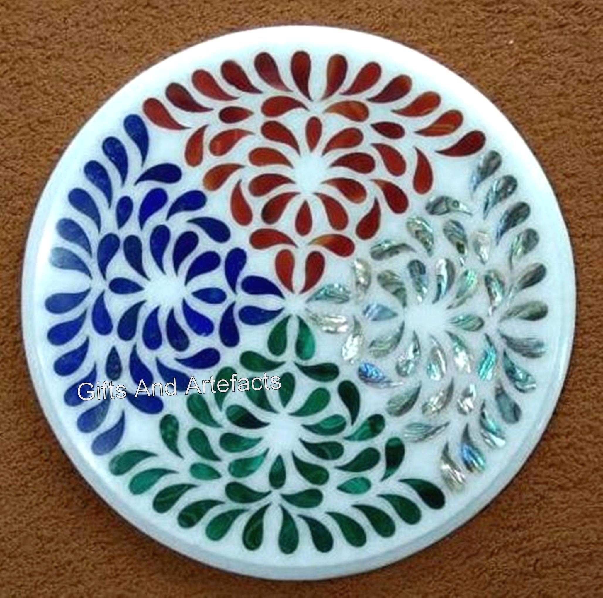 Plateau de table basse rond en pierre naturelle et marbre blanc d'angle 35,6 cm