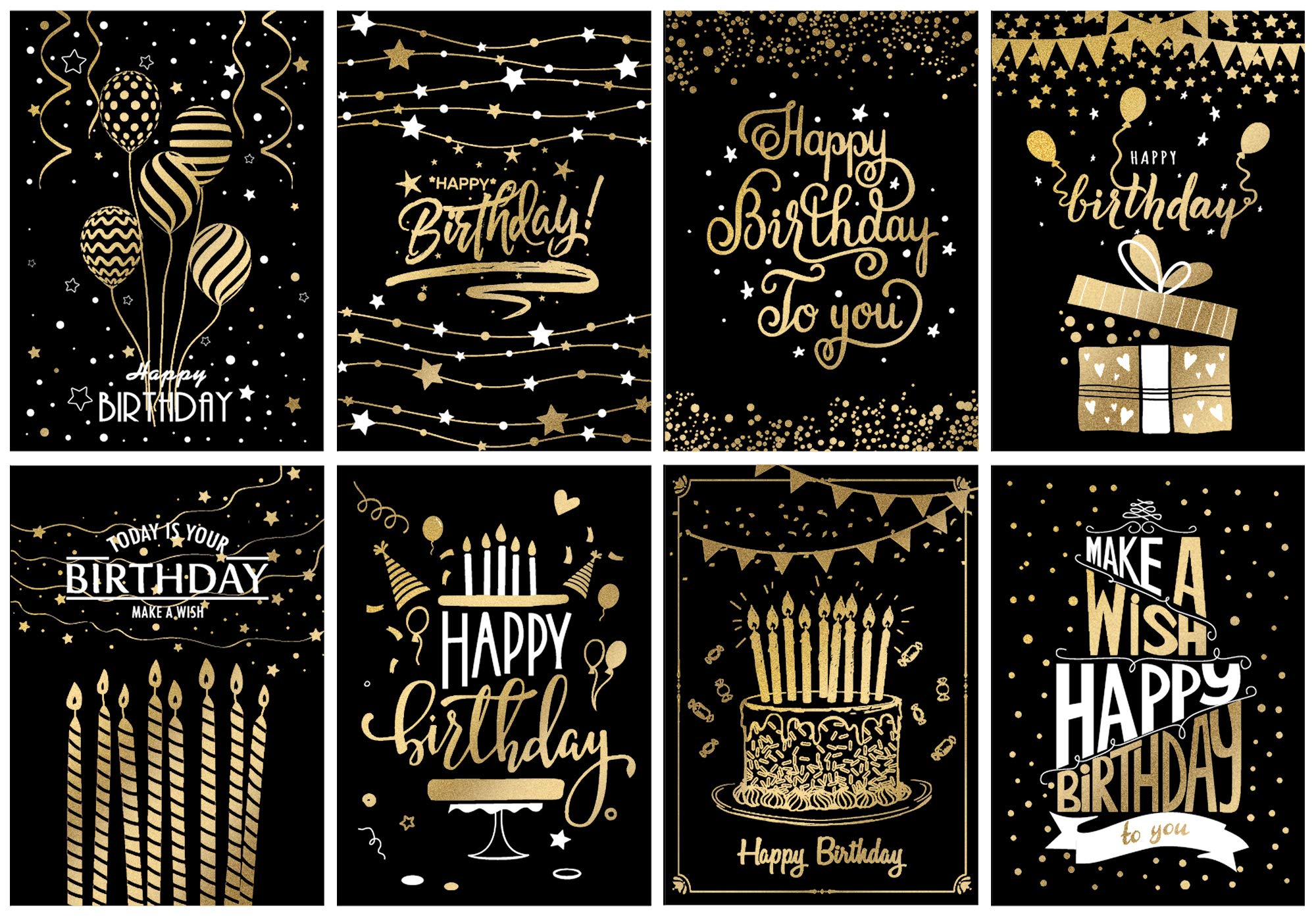 Whaline 24 Pack Birthday Cards with Envelopes and 27pcs Stickers Black Gold Foil Happy Birthday Greeting Cards 8 Design Birthday Party Notes for All Ages Women Men, 5 x 7 Inch