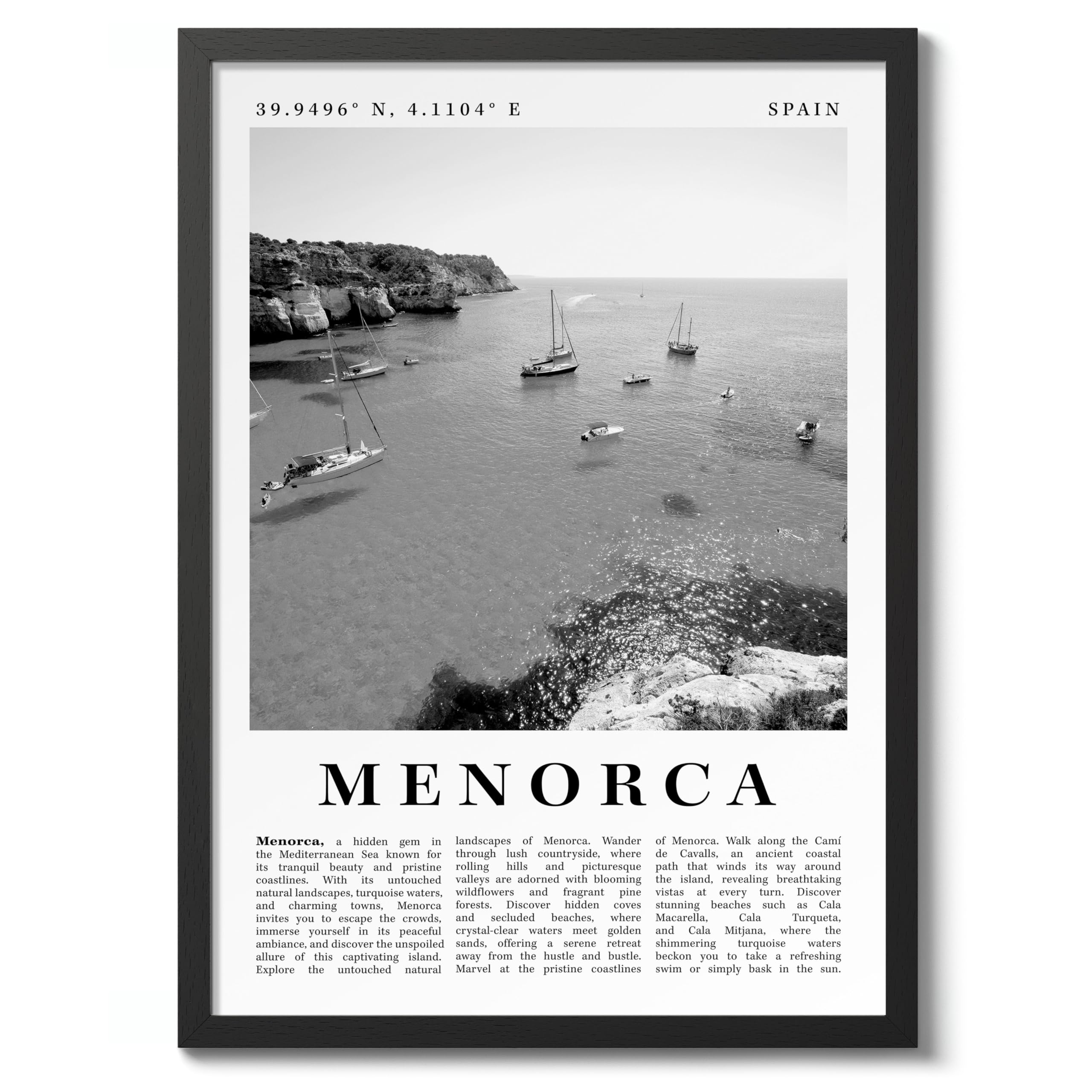 Menorca - Spain Travel Poster, Black & White Print, City Landmark. Modern Home Wall Decor For Living Room Bedroom, Archival Matte, A4 (Black Frame) - 29.7x21cm โ image 1