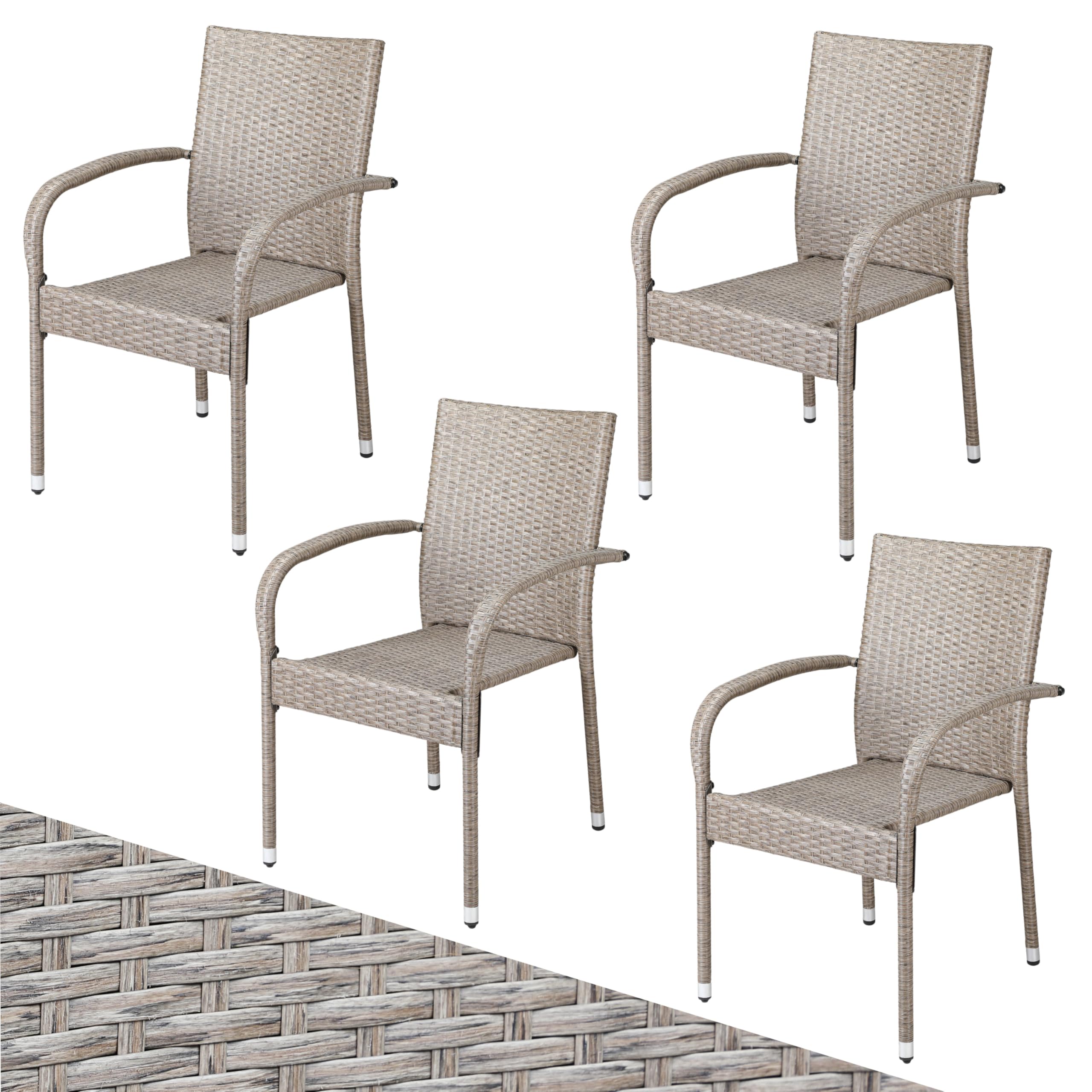 CASARIA® 4 Piece Polyrattan Stacking Garden Chair Set | Stackable Weatherproof Outdoor Chairs with Armrest | 160kg Capacity | Camping Patio Balcony Deck Seating | Cream