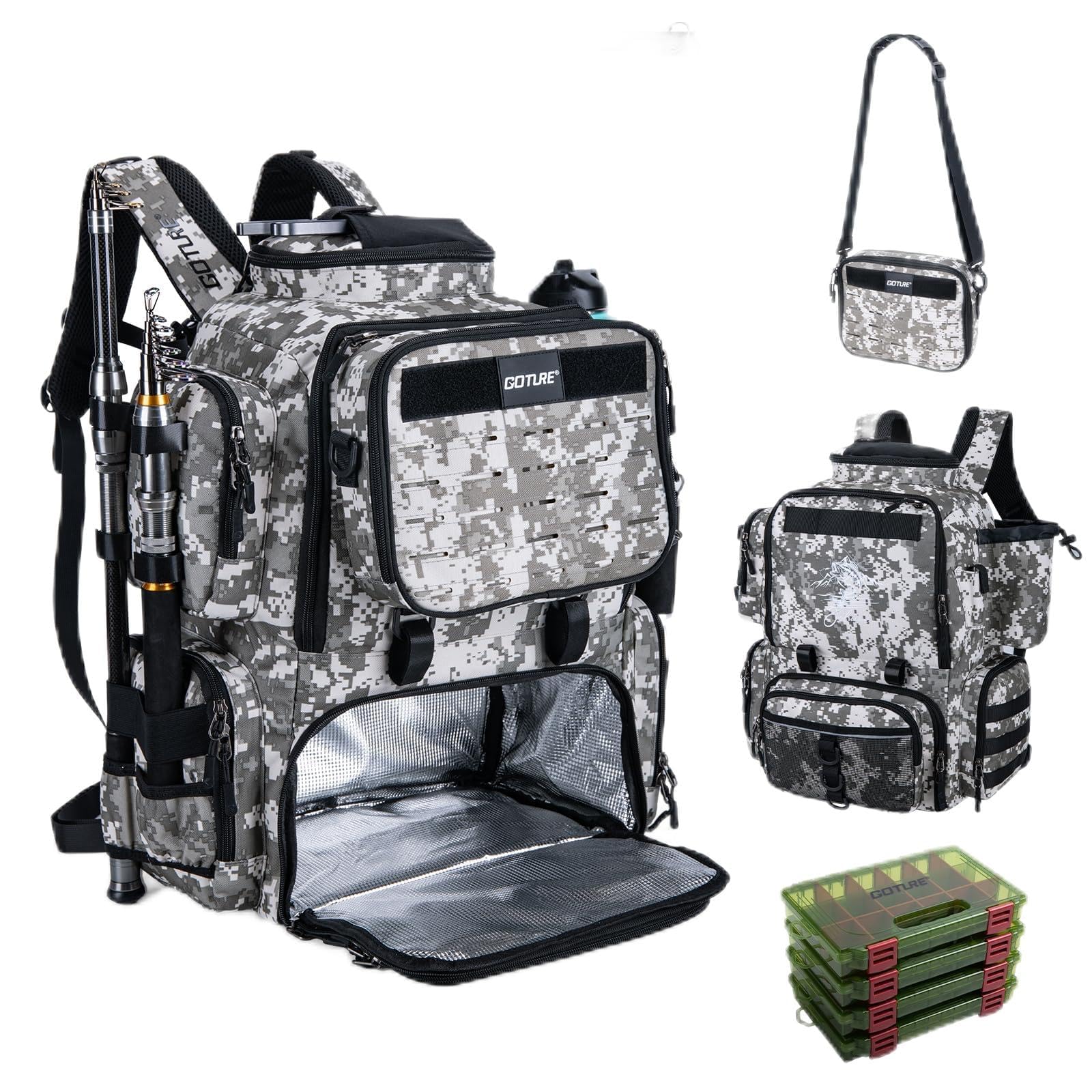 Goture 58L Insulated Fishing Tackle Backpack with Cooler, 4 Tackle Boxes, Detachable Crossbody Bag, 900D Water-Resistant Fishing Bag w/Rod Holders, 8 Lure Pockets, Bottle Holder for Camping Hiking C