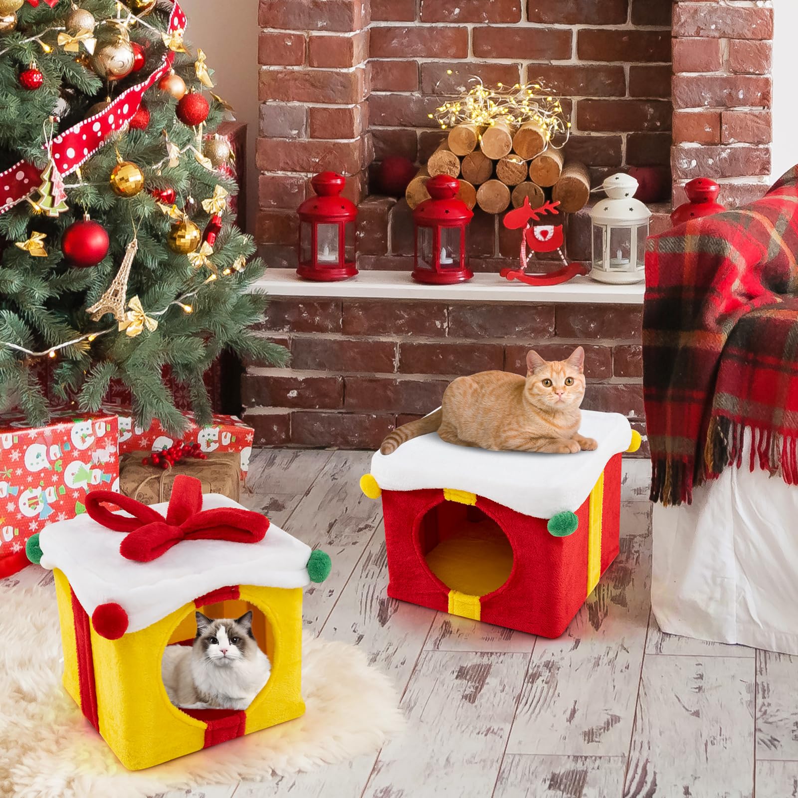 COSTWAY Set 2 Cuccia Cane Interno a 2 Piani, Tiragraffi per Gatto a Forma di Scatola di Natale in Tessuto e MDF, Lettino Gatto Interno per Inverno, Rosso e Giallo