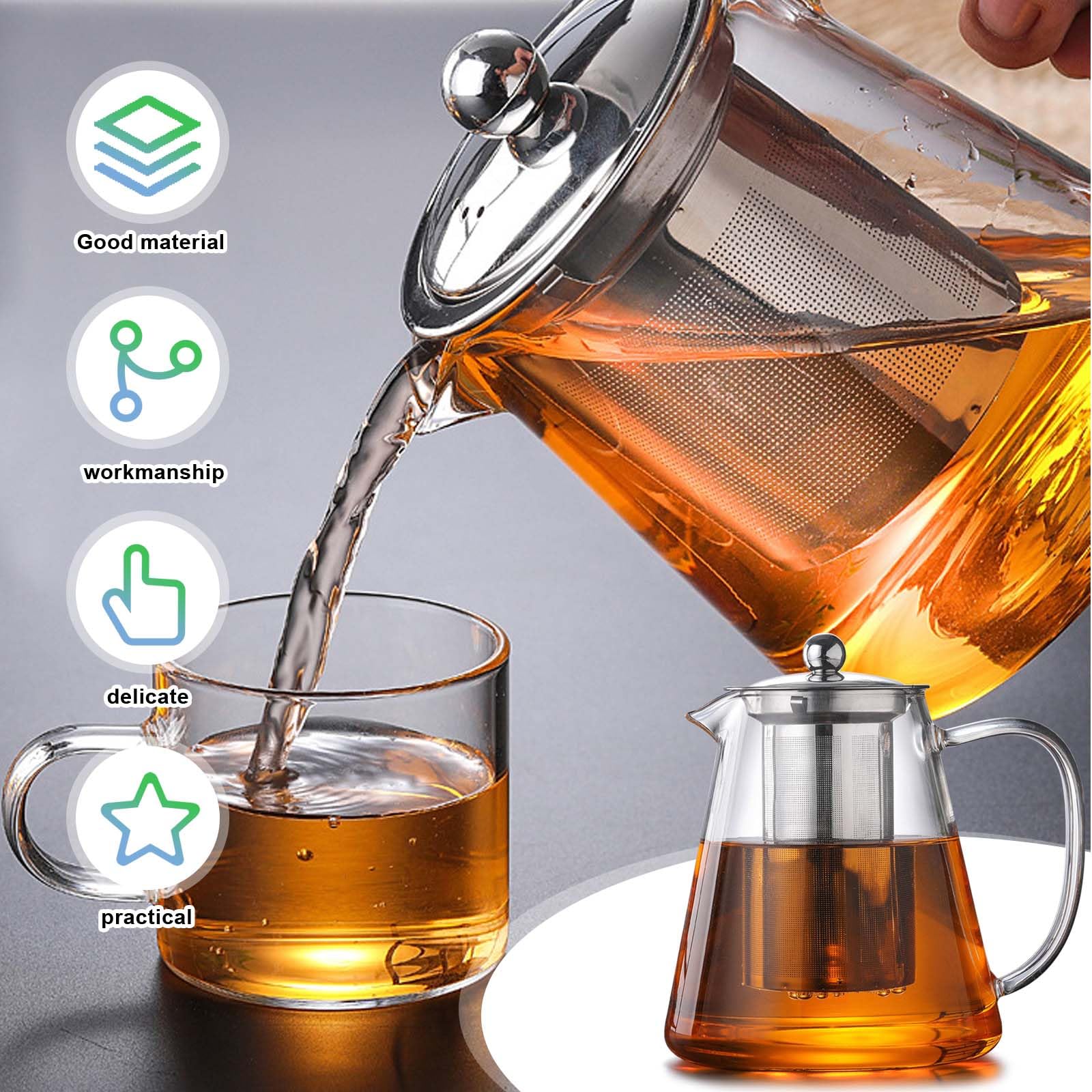 Hanseküche Premium theepot 1500 ml glazen theemaker - zeer hittebestendige theepot, glazen kan, theemaker van borsilicaatglas - afneembaar en verwijderbaar roestvrij staal zeef en opvangdraad