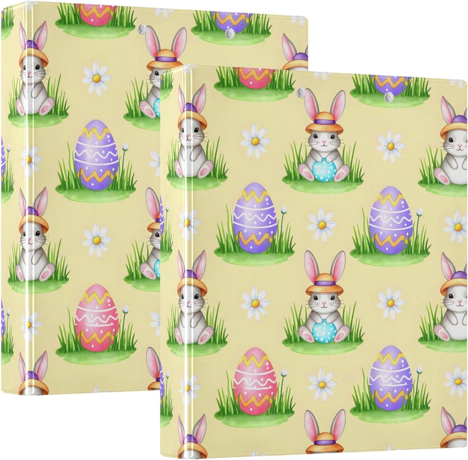 Cartoon Easter Bunny Eggs 3 Ring Binders, 1.5” Round Ring Binders with Clipboard - Letter Size, 3 Interior PVC Clear Pockets & Anti-Slip Clip for Office School Supplies, 2PCS