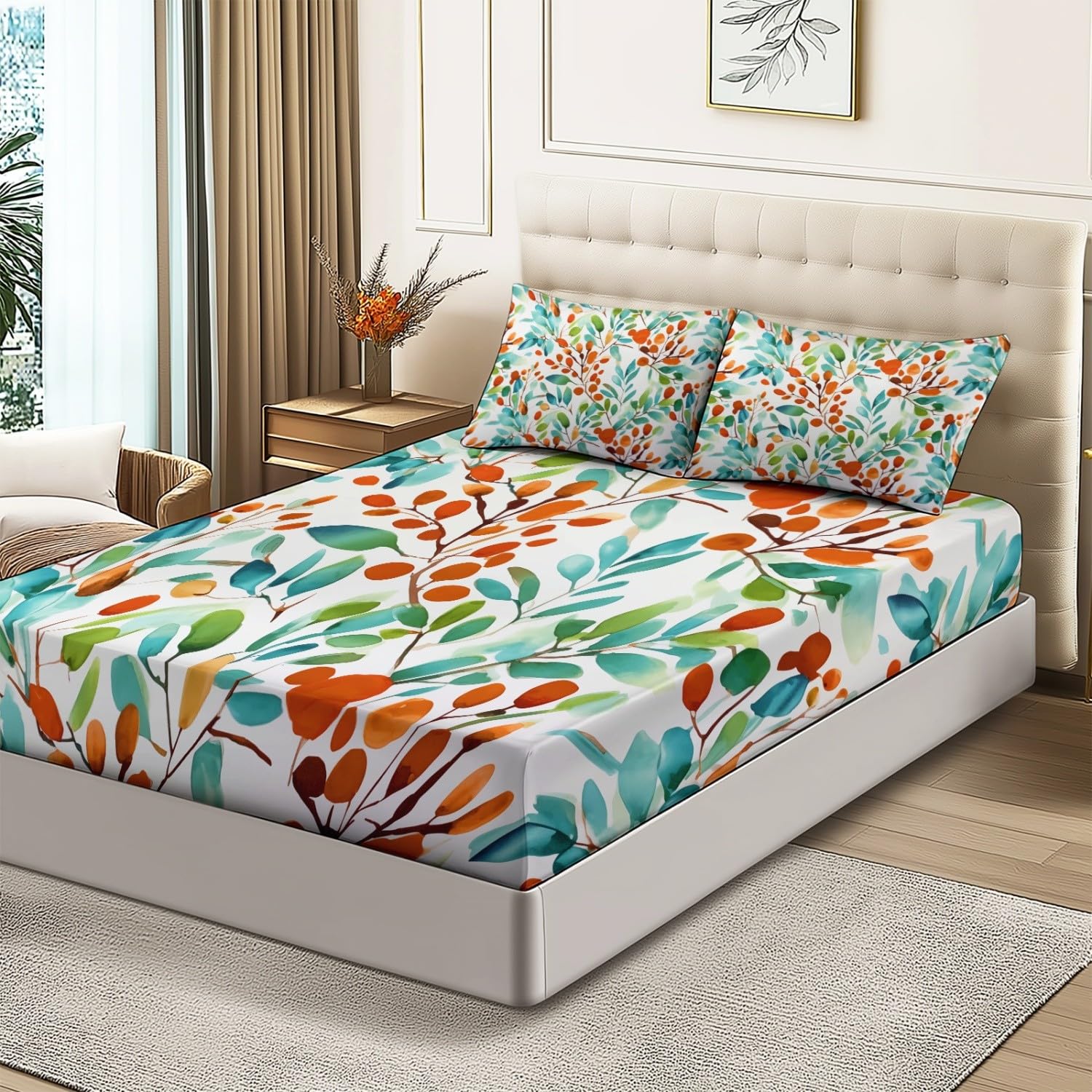 Drap Housse Doux Aquarelle Feuilles Baies Imprimer, 140 x 190 cm Résistance à la Déchirure Drap-Housse avec Poche 30 cm de Profondeur, Bleu Ensembles de literie pour Dortoirs Hôtels