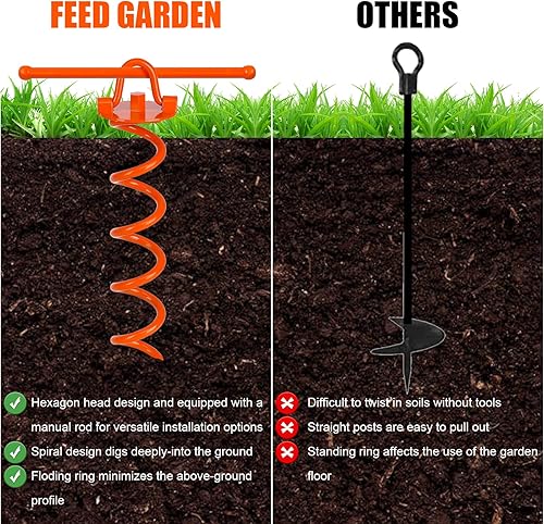 Miniatura 3 de FEED GARDEN Kit de anclajes de tierra en espiral de 10 pulgadas, anclajes de tierra con barra de cuervo, paquete de 4 anillos plegables para