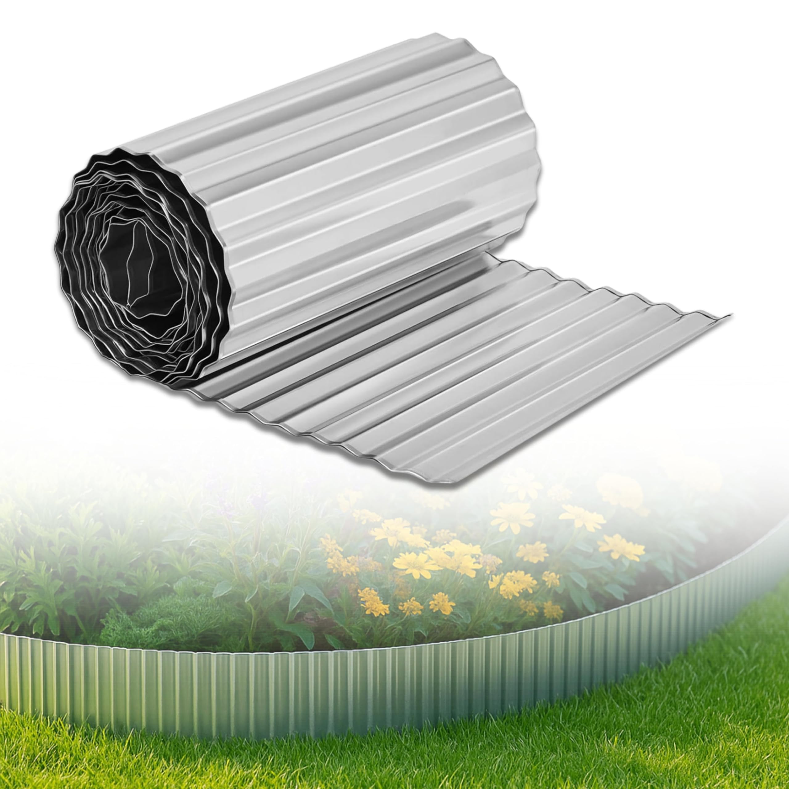 ADEPTNA Flexible Galvanised Steel Garden Lawn Edging – 5m Roll x 16.5cm High – Metal Grass Border with Rolled Safety Edge – Rust-Resistant Lawn & Path Divider