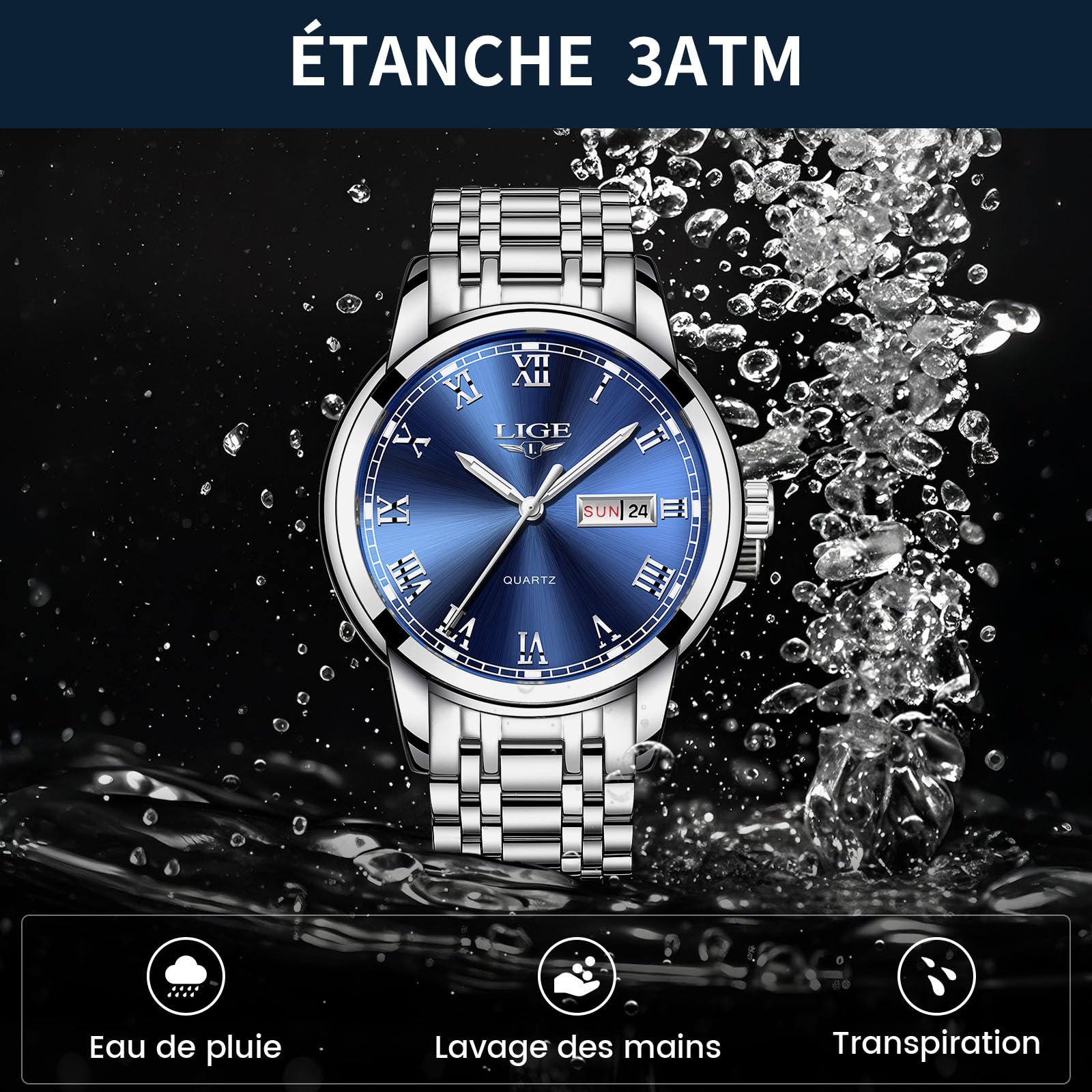 LIGE Montre Homme, Montres Bracelet Analogique à Quartz, Acier Inoxydable Etanche 3ATM, Fonction Calendrier, Aiguilles Lumineuses Affichage, Assortissement Classique Business Décontracté