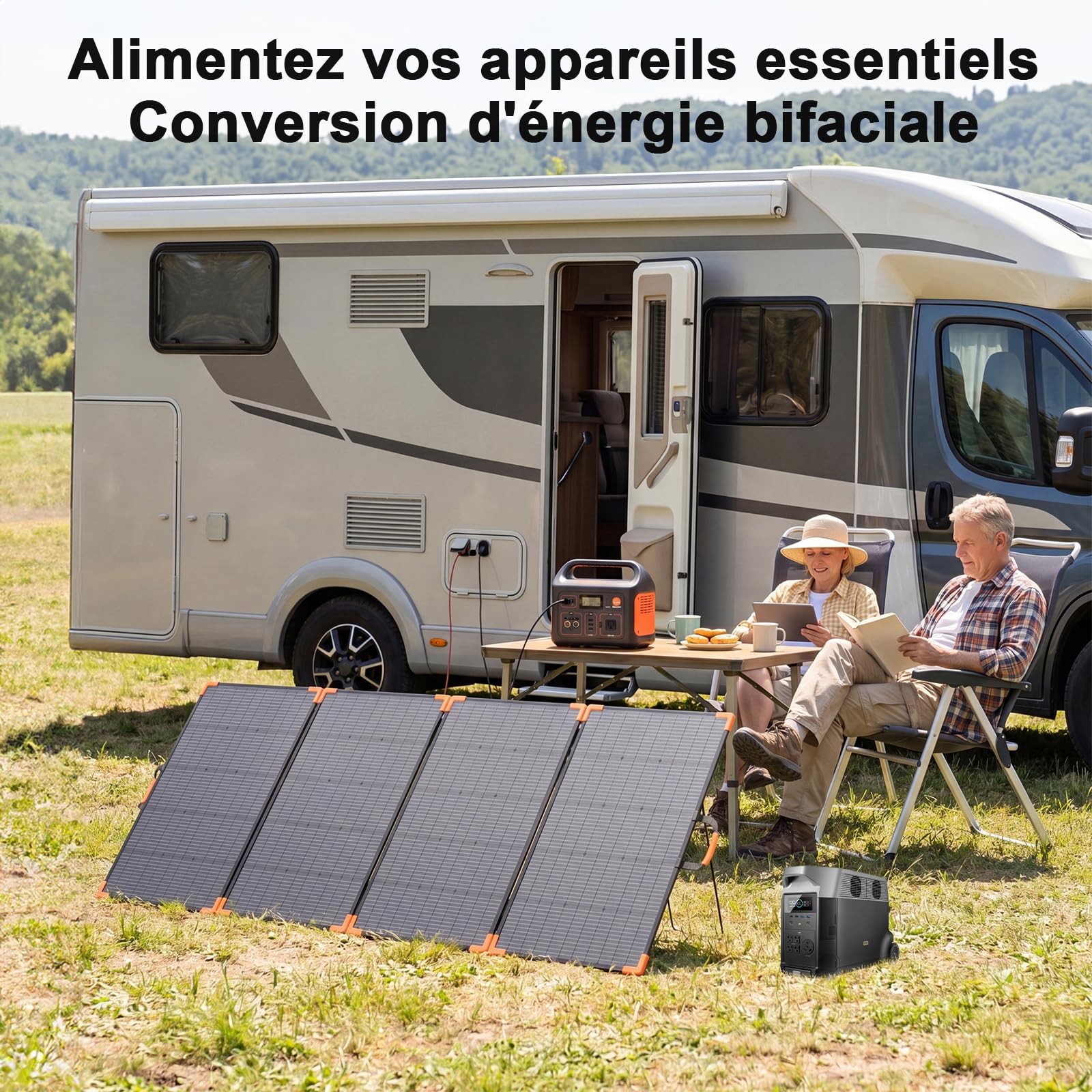 Panneau solaire portable biface 400 W, chargeur solaire pliable léger 33 V pour centrales électriques, étanche IP68, avec 3 supports renforcés pour le camping | Panneau solaire léger pour centrale électrique, étanche IP68, avec 3 supports renforcés pour c