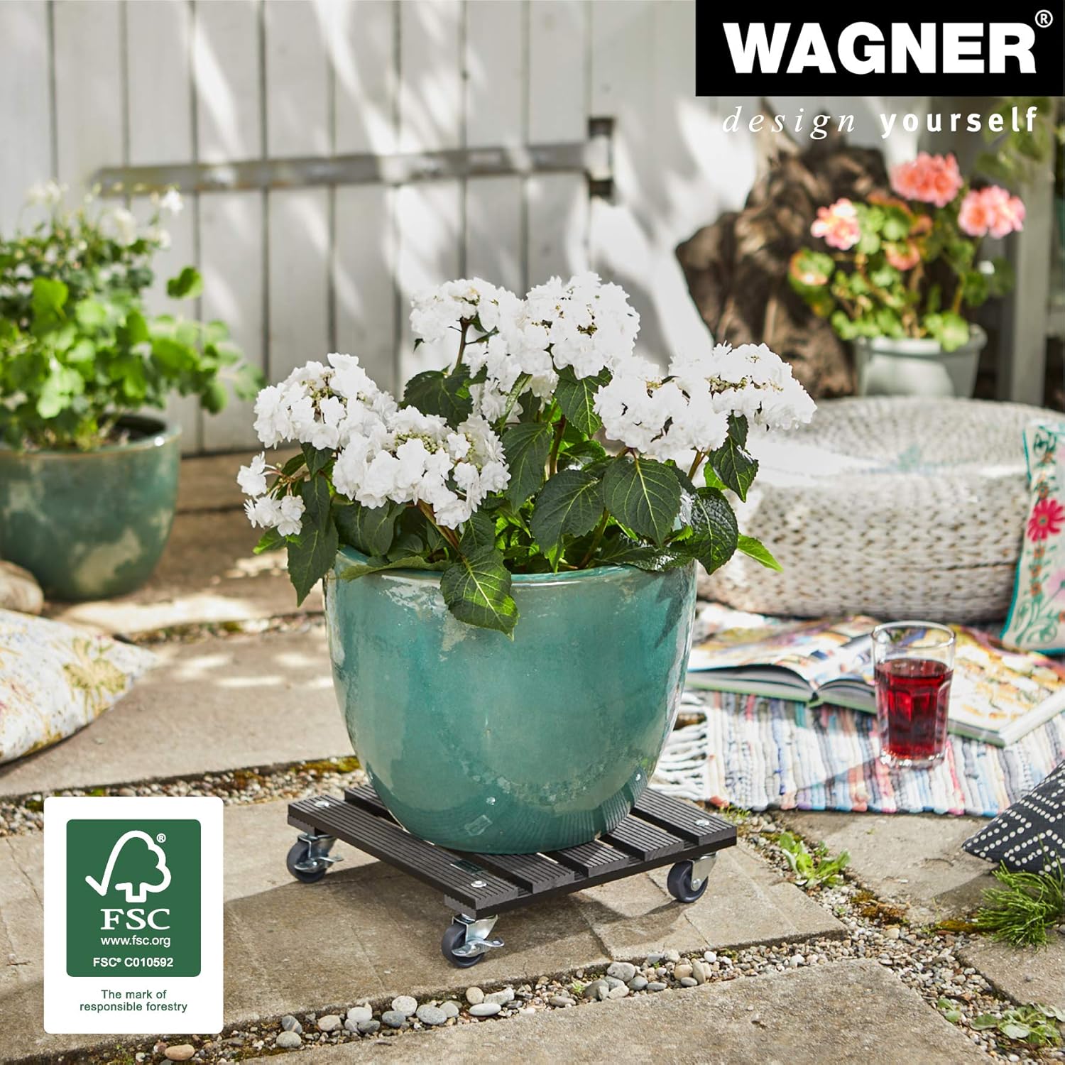 WAGNER Plant Caddy WPC - 11.42 x 11.42 x 2.95 in - Flower Caddy for Indoor + Outdoor, Plant Stand Made of FSC® Wood Plastic Composite, Charcoal, 2 Breaks, Load Capacity 176 lbs - 20052001