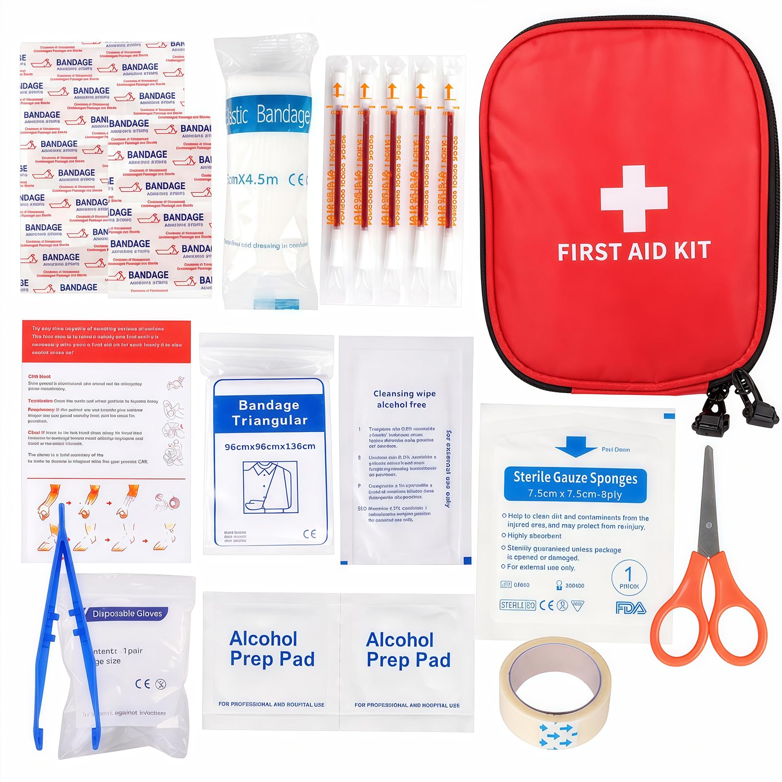 Mini First Aid Kit, 16 Items, Small Pharmacy, Compact First Aid Kit, Suitable for Home, Workplace, Travel, Camping, Hiking and Outdoor Sports (Red)