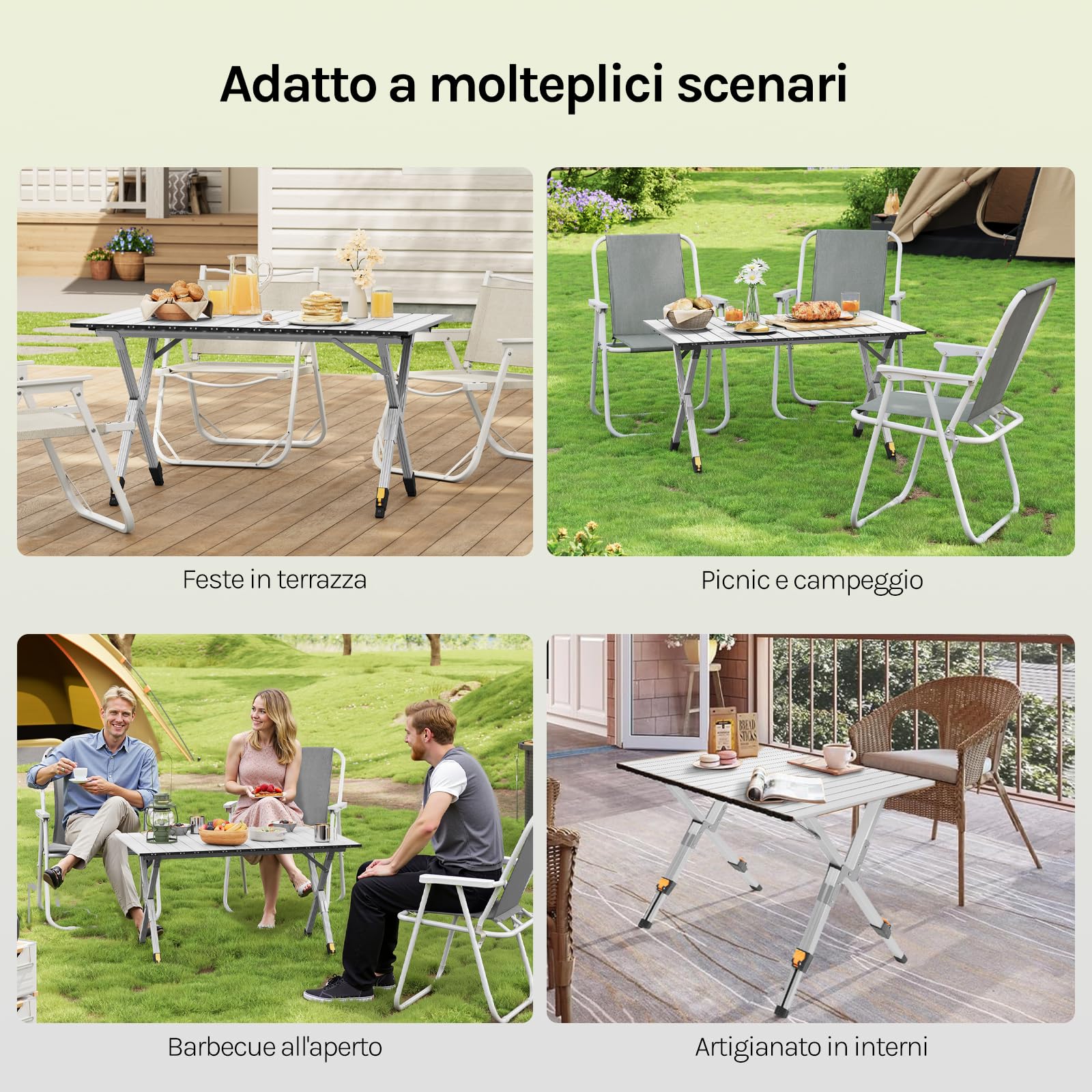 WOLTU Tavolo da Campeggio Pieghevole Leggero, Tavolo da Esterno Portatile, Altezza Regolabile, Tavolo da Giardino con Piano Arrotolabile in Alluminio, Borsa Portaoggetti, Carico 50kg,Argento