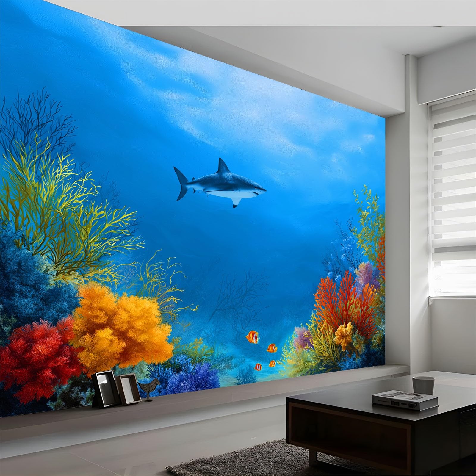 Genérico 300 x 210 cm, papel pintado panorámico azul, papel pintado fotográfico no tejido, revestimiento de pared, decoración de salón, para dormitorio, efecto 3D, acuario, animales peces