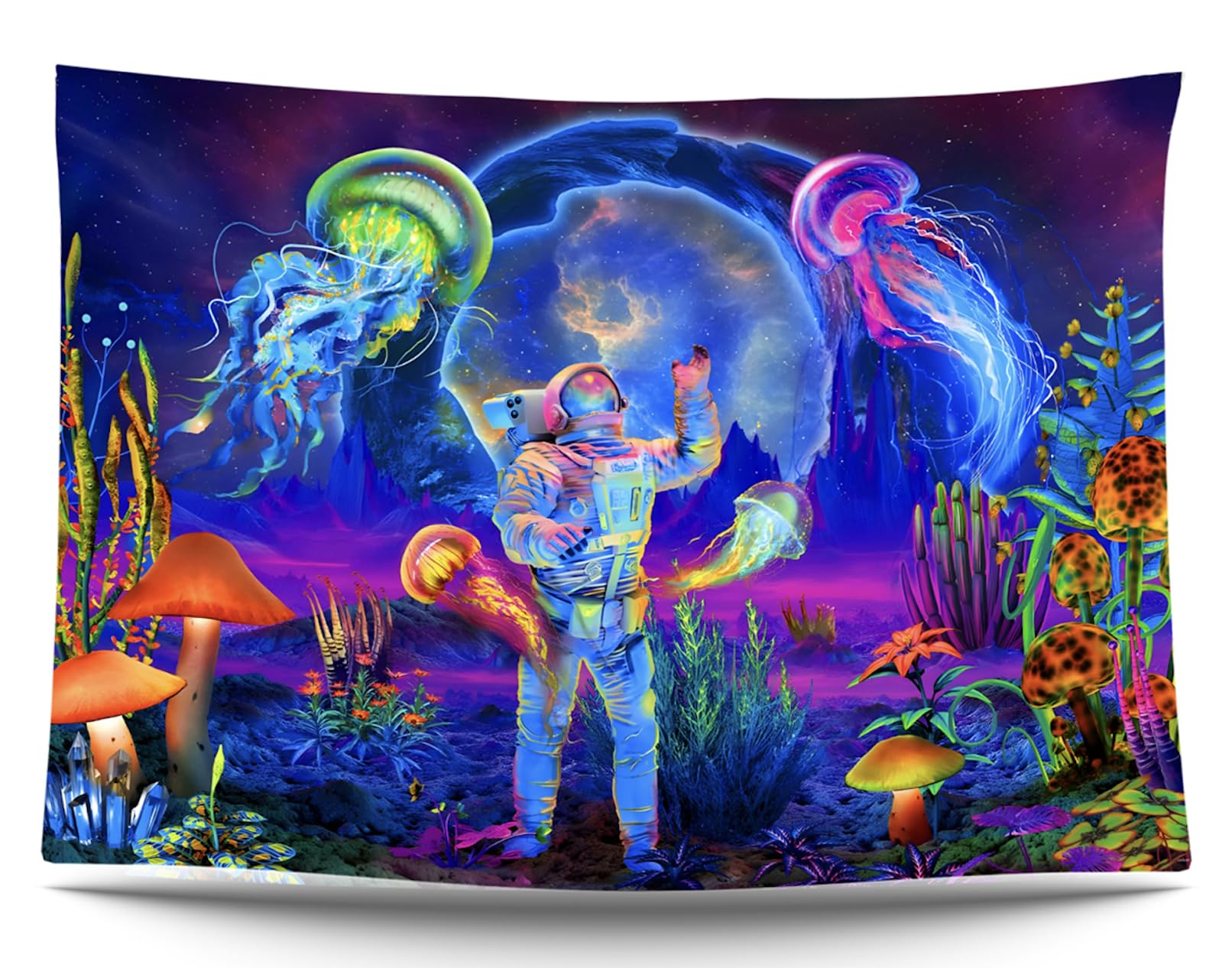 Ulticool Astronaut Jellyfish - Glow In The Dark Tapestry - Black Light Under Uv Reactive Bright Black Neon Light - Blacklight Psychedelic Glow In The Dark Wall Towel - 200 X 150 Cm