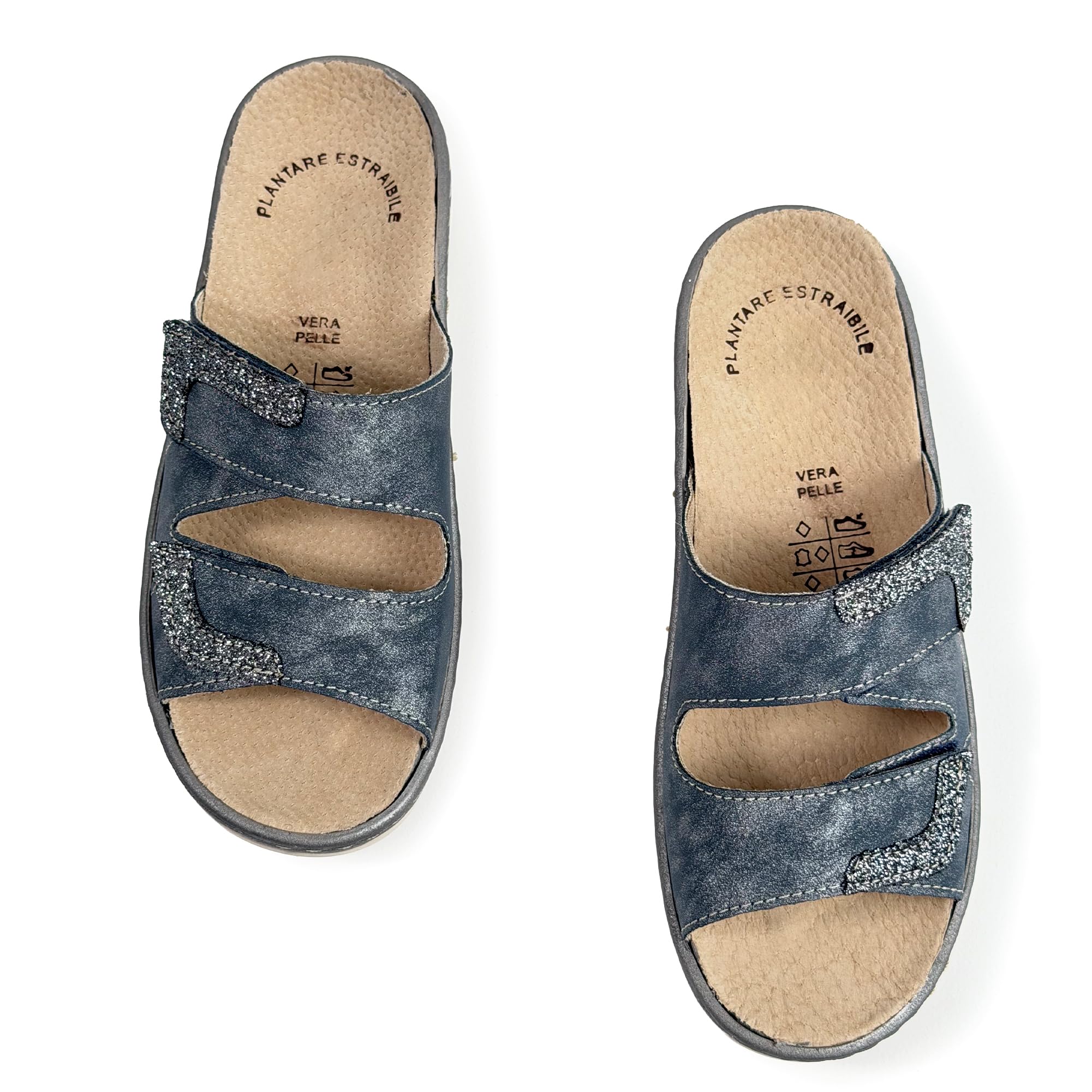 JOMIX Mules Femme Orthopédiques à Scratch Pantoufles d'Été Anatomiques Semelle Amovible en Cuir Véritable Sandales églables Compensées Confortables pour Pieds Sensibles et Senior Bleu 35