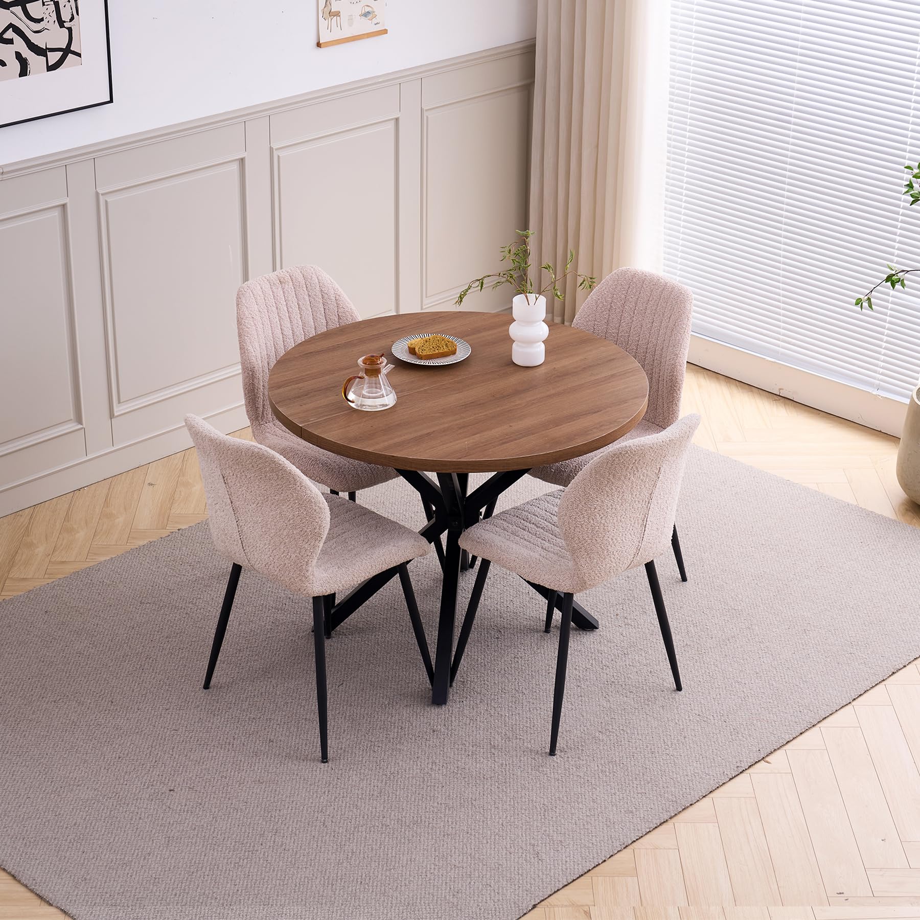 100CM Runden Esstisch mit 4 Stühlen, Dunkel + Beige