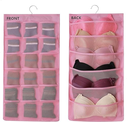 Miniatura 6 de Ymemok Organizador de armario de doble cara con bolsillos de malla para colgar, para ropa interior, brasier, calcetines, accesorios con percha,