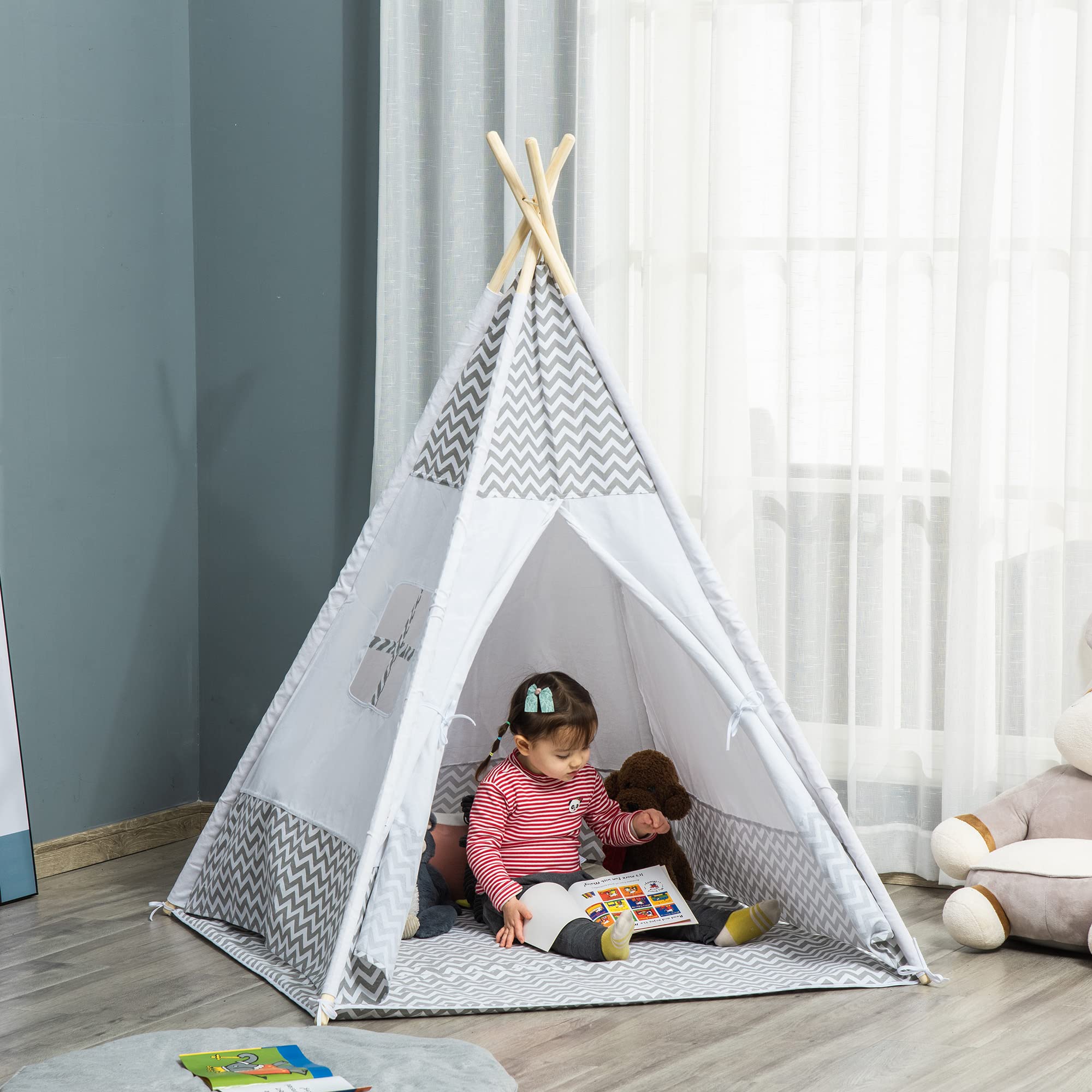 HOMCOM Tienda de Campaña para Niños de +3 Años 120x120x155 cm Gris | Tipi Infantil con Colchoneta, de Madera, Portátil, Ventana, Bolsa de Transporte, para Interiores y Exteriores