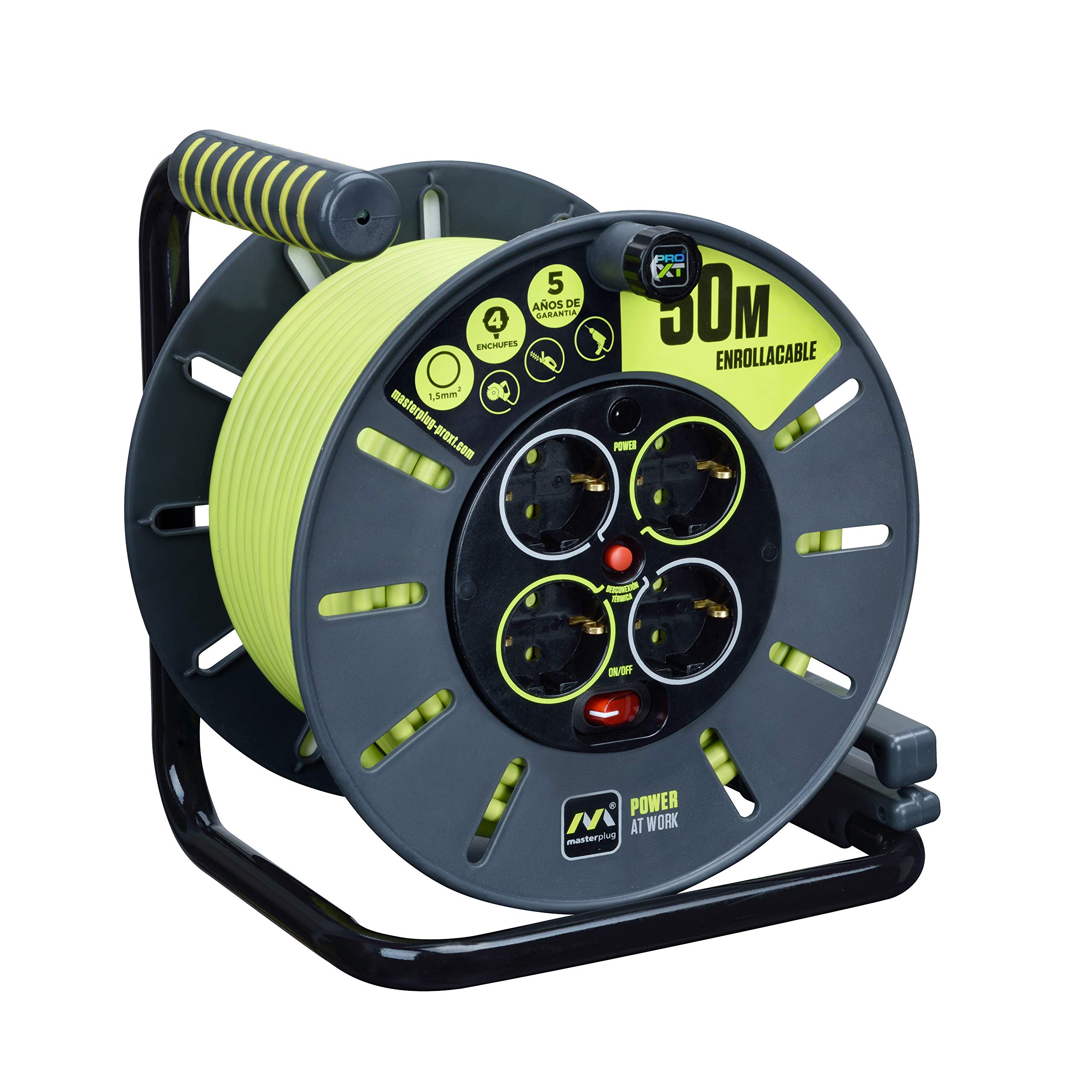 Masterplug Pro-XT Cavo di prolunga a quattro prese aperto con impugnatura di avvolgimento, taglio termico e interruttore di alimentazione, cavo ad alta visibilità da 50 metri