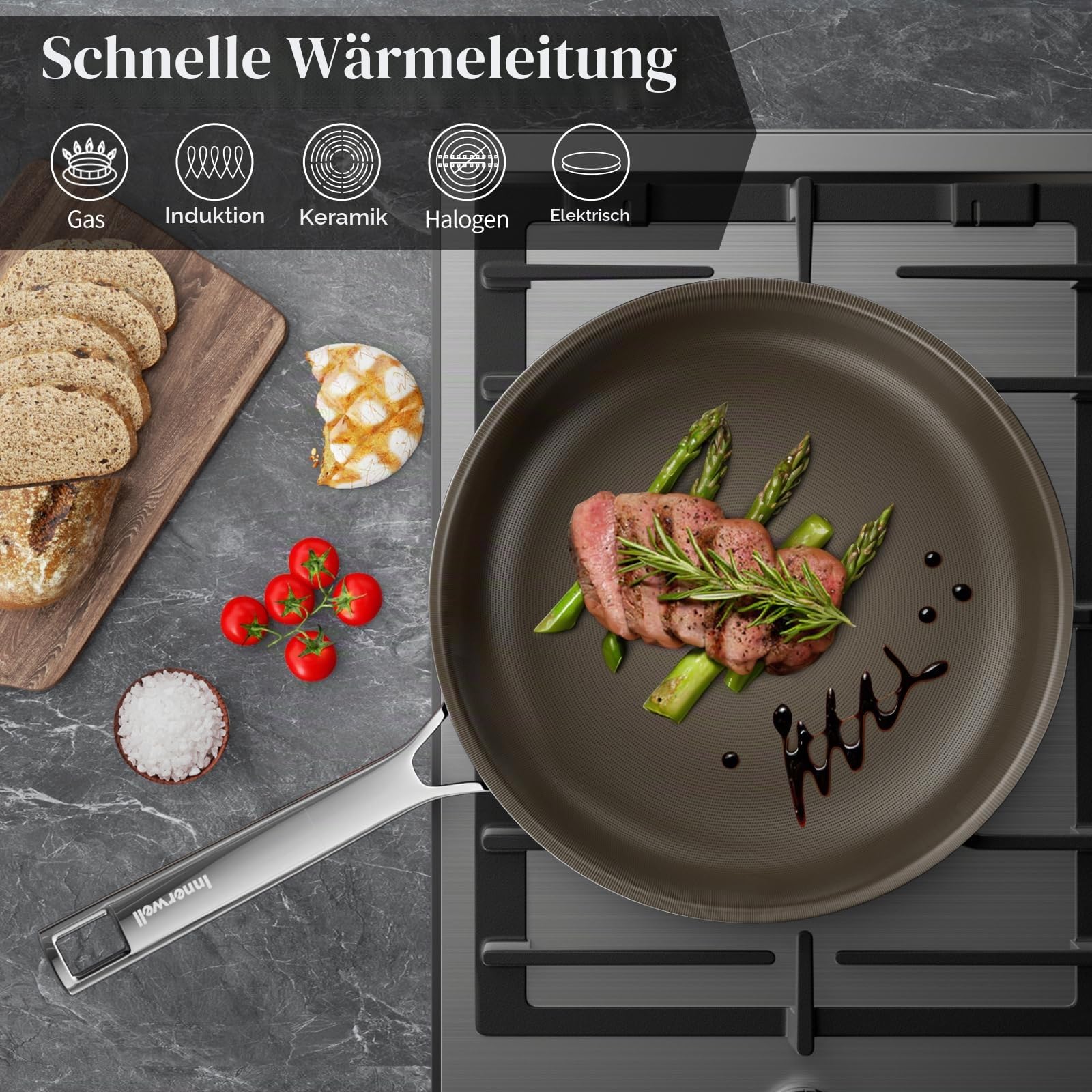 Innerwell Titan Keramik Bratpfanne 28 cm, Induktion Pfanne mit Deckel, Edelstahl Pfanne mit Antihaftbeschichtung, Backofenfest, PFOA-frei, für alle Herdarten, Braun Küche, Haushalt & Wohnen