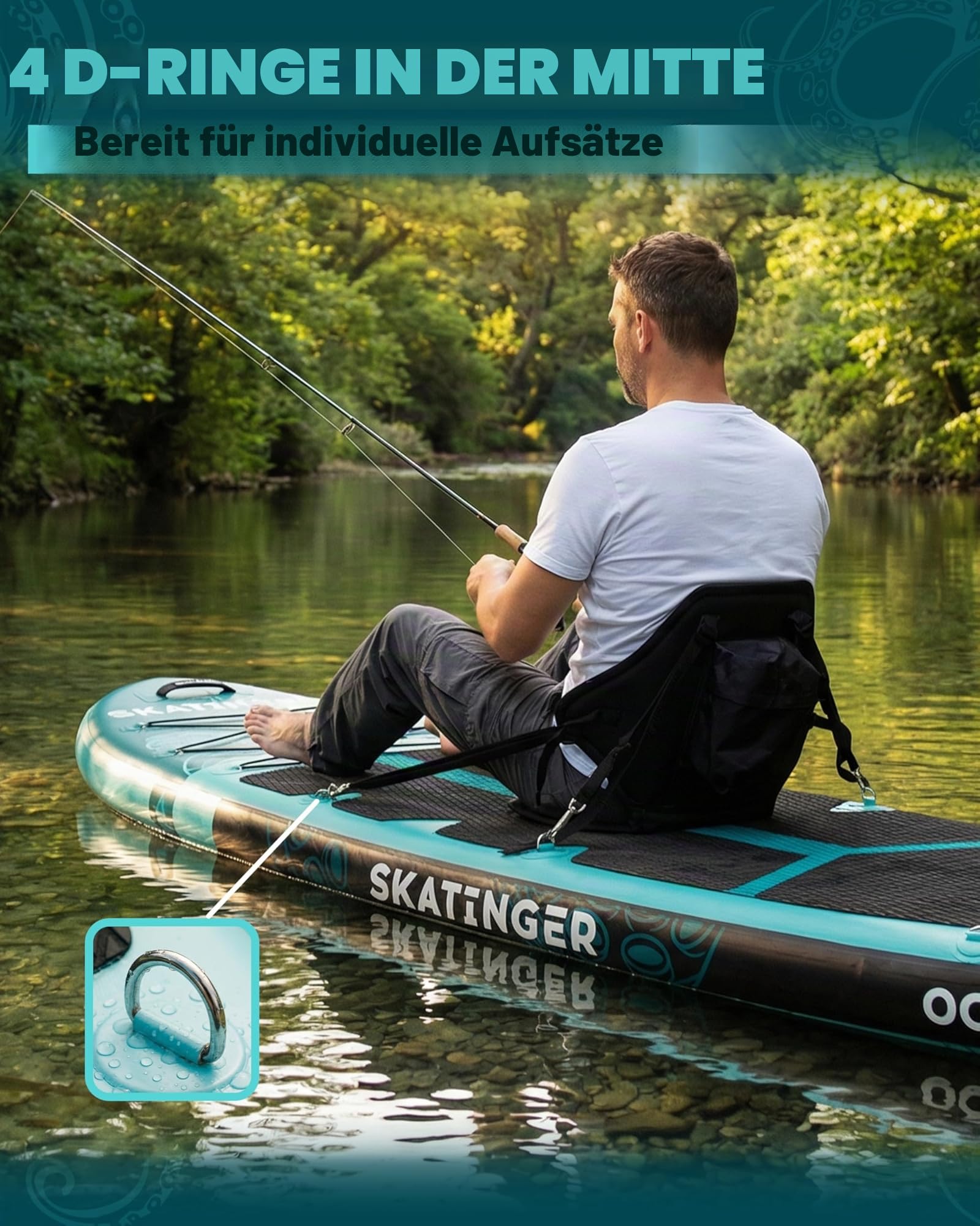 Skatinger 335 x 86,4 cm extra breites aufblasbares Paddelbrett, bis zu 190 kg Stand-Up-Paddle-Boards für Erwachsene, stabiles SUP für 2 Personen/Familie, 3-heiliges Paddel, Schultergurt, US-Finne