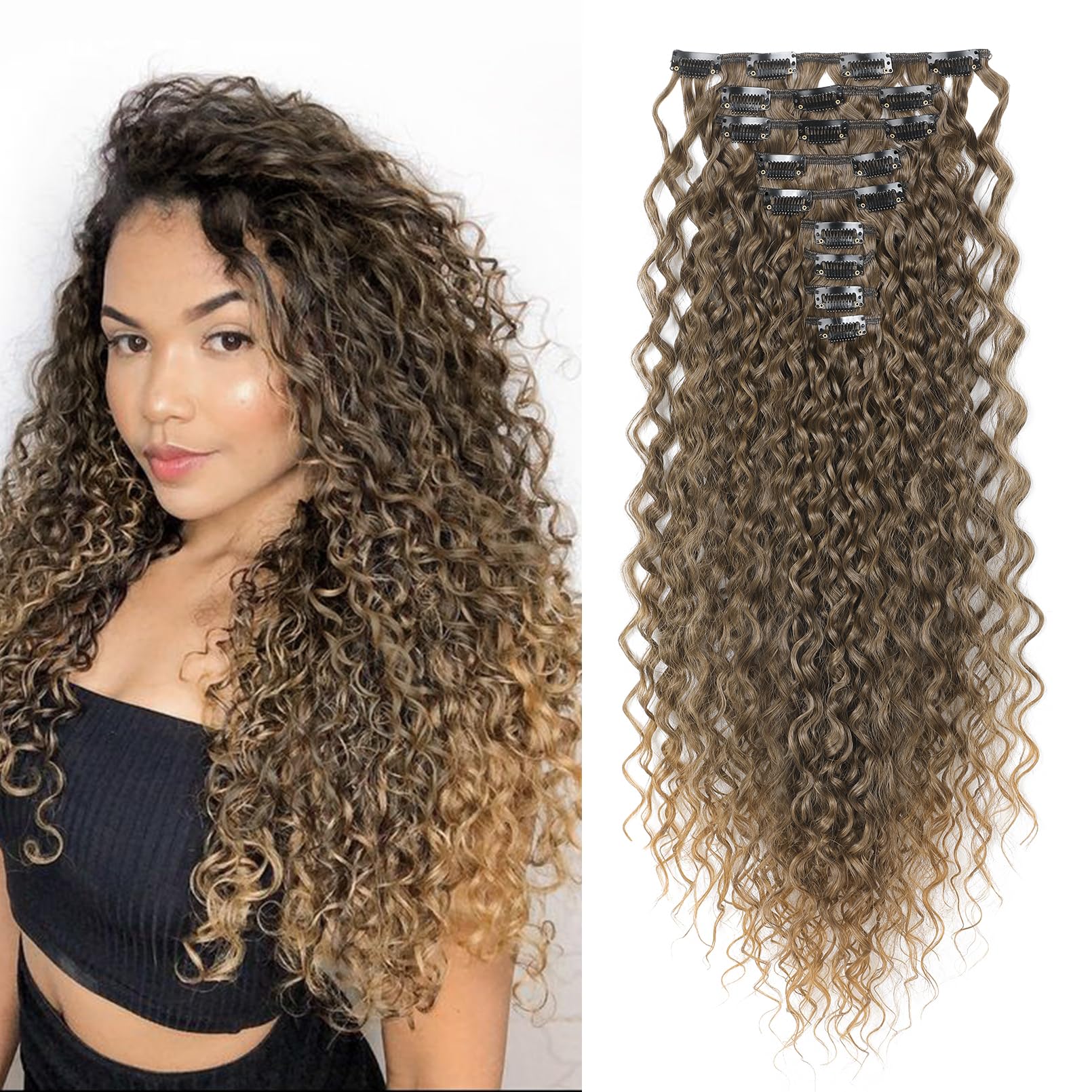 FLUFYMOOZ 9PCS Clip in Hair Extensions 22 Inch Curly Hair Extension Long Soft Synthetic Hairpieces for Women (Ash Brown to Blonde)