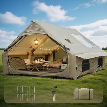 SUNNYFEEL Inflatable Glamping Camping Tent 4-10 Person | 5 Min Quick Setup Tent with Pump, Waterproof Windproof Heavy Duty Oxford, Panoramic Skylight, 4 Season Family Outdoor Shelter