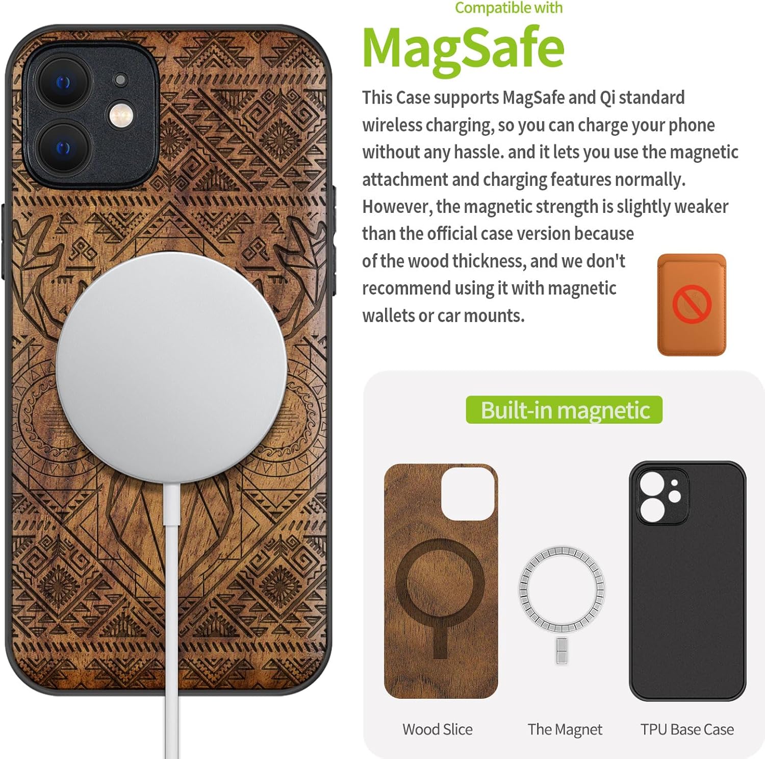 Carveit Magnetic Wood Case for iPhone 12 Case [Natural Wood & Black Soft TPU] Shockproof Protective Unique Wooden Cover Compatible with MagSafe (Aztec Geometric Deer -Walnut)