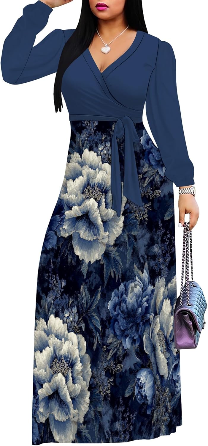 PinkPatty Women's Long Sleeve Maxi Dress Plus Size Trendy Wedding Guest Wrap Dress with Pockets&Belt L - Image 2