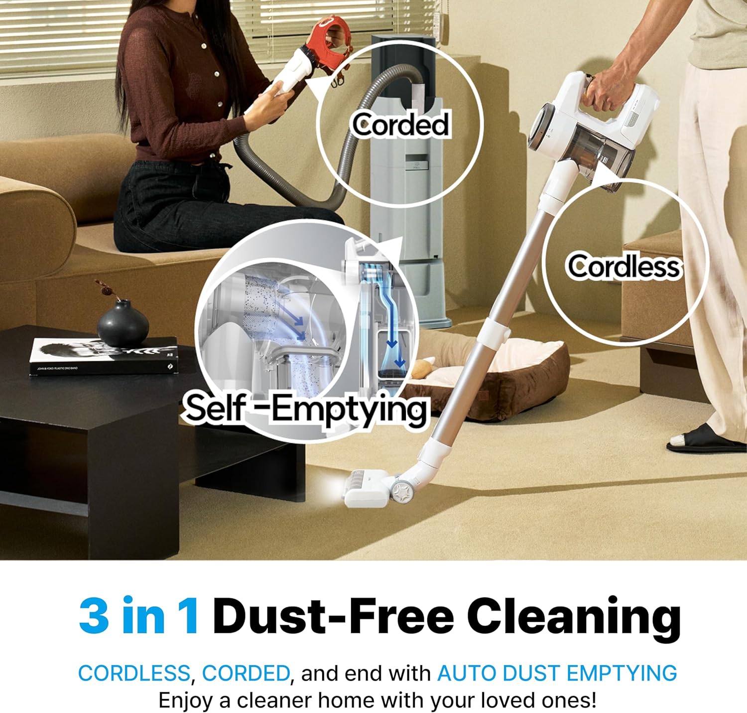 Image showing the CX PRO vacuum in cordless mode, corded mode using the tower and flexible hose, and demonstrating the self-emptying feature.