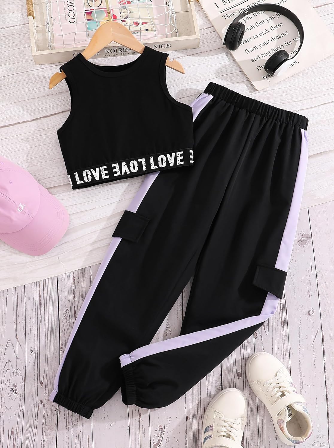 Girls' 2 Piece Outfits Sleeveless Crop Tank Tops and Cargo Pants Clothing Set - Image 2